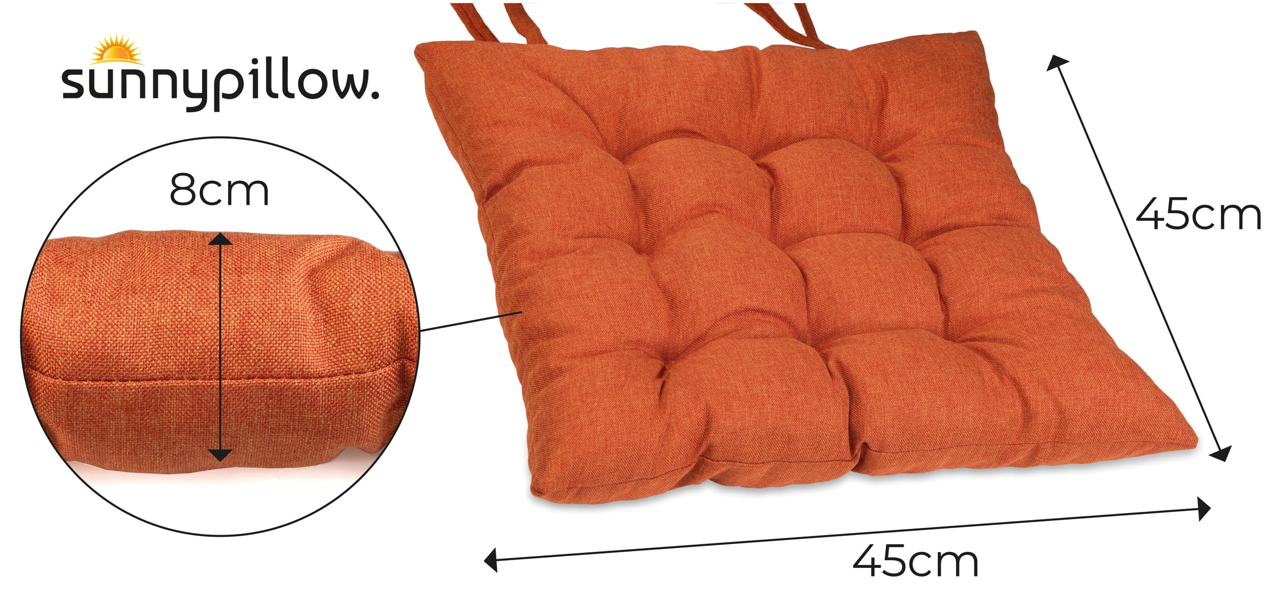 sunnypillow Set di 4 Cuscini per Sedia con Nastri - 45 x 45 cm - Comodi Cuscini da 8 cm di Spessore, per Sedie/Panche in Casa e in Giardino - Seduta Per uso Interno ed Esterno - Aranica