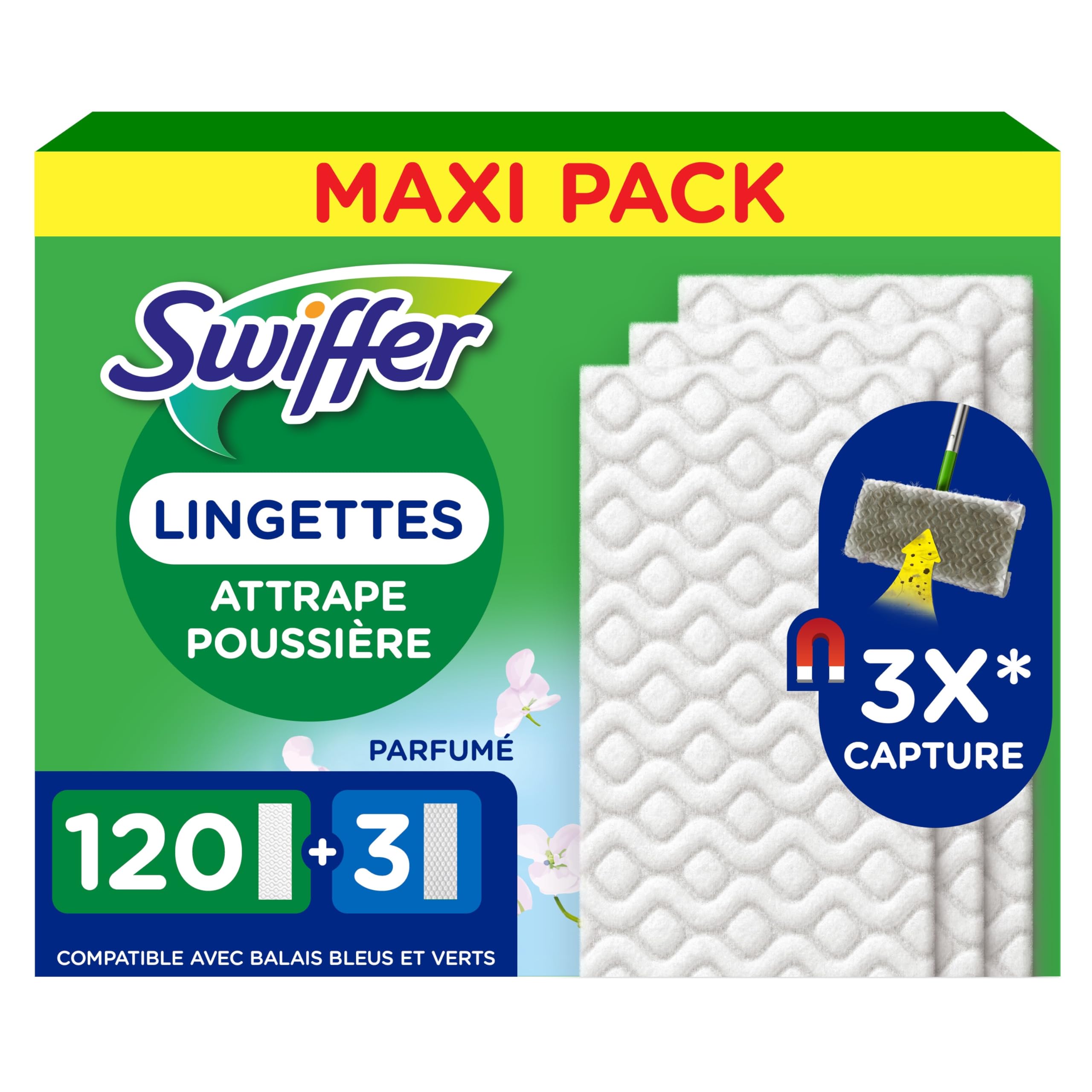 Swiffer Lingettes Balai Attrape-Poussière Sèches & Humides x123 | Attrape et retient 3x plus de poussière. Pour poils d'animaux.