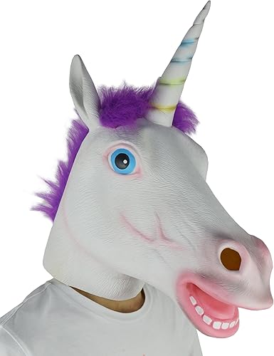 LarpGears Disfraz de Halloween novedoso de lujo máscara de animal de unicornio de látex cabello morado tamaño adulto