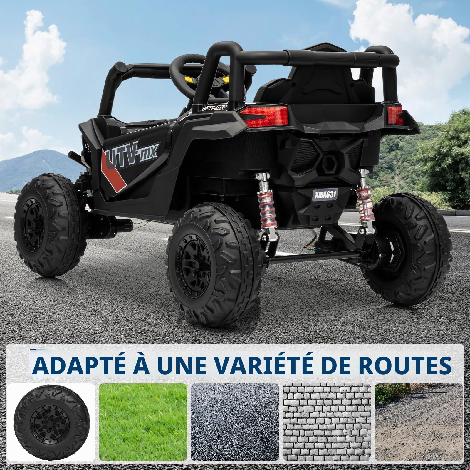 Garvee 4x4 Electrique Enfant UTV 12V avec Télécommande, Quad Enfant avec Phares LED, Musique, USB Et Bluetooth pour Enfants De 3 Ans+, Noir