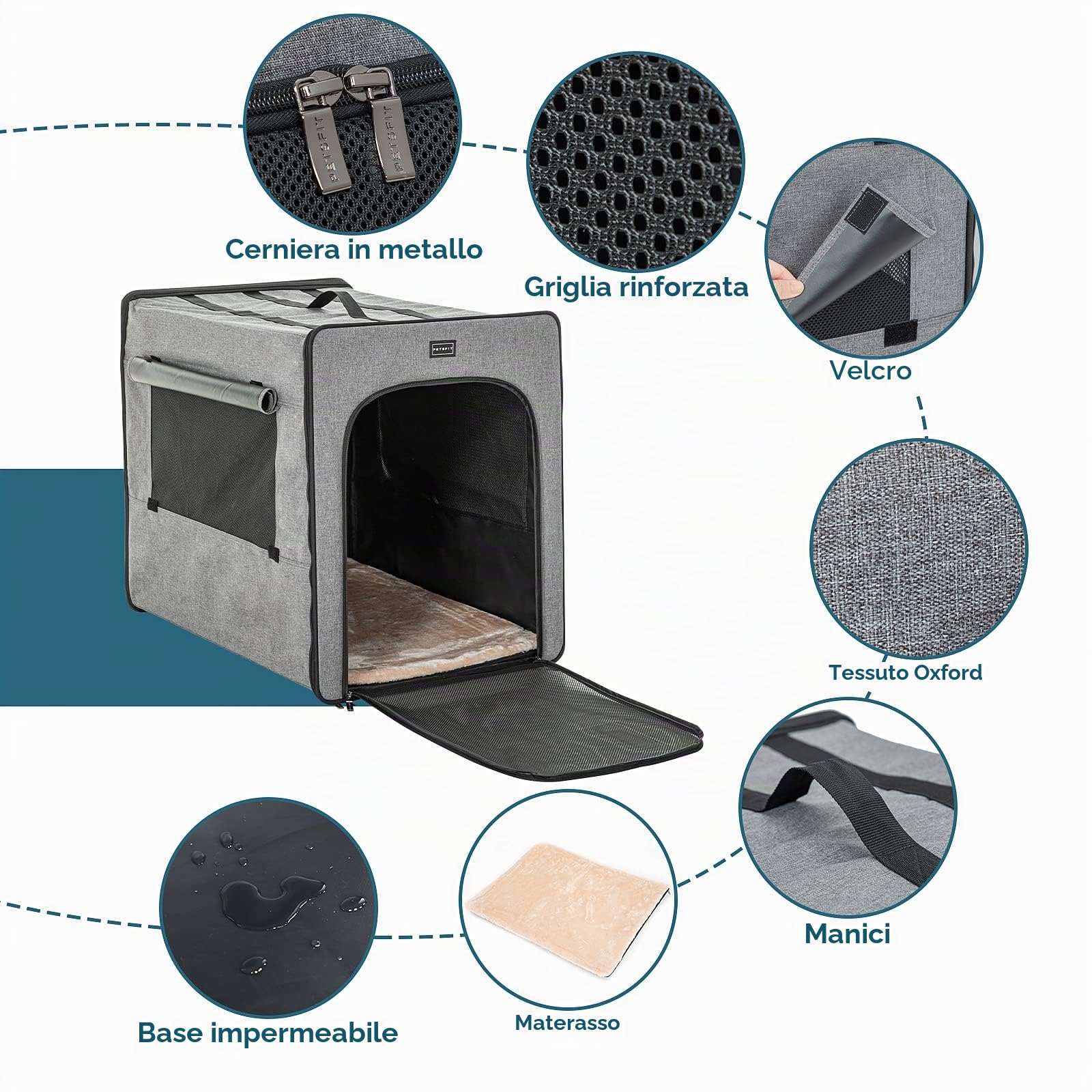 Petsfit Trasportino per Cani Portatile, con Cerniera Metallica Aggiornata per Prevenire La Fuga, Trasportino per Animali Morbido con Cuscino, grigio sicuro, 61x46x53.5cm
