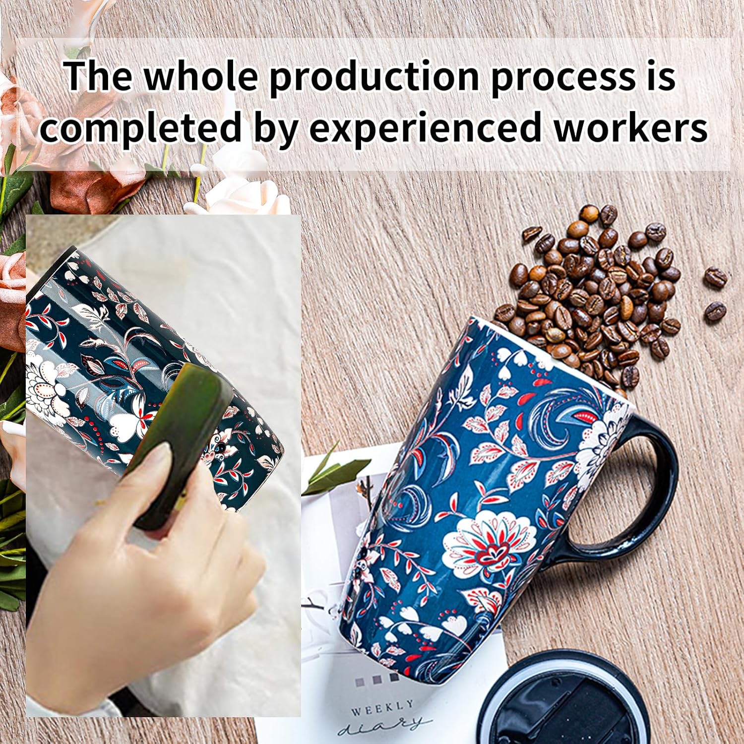 Topadorn Ceramic Coffee Mug Travel Coffee Ceramic Mug Ceramic Latte Teacup with Lid and Color Box 17 oz.,Flowers - Image 3