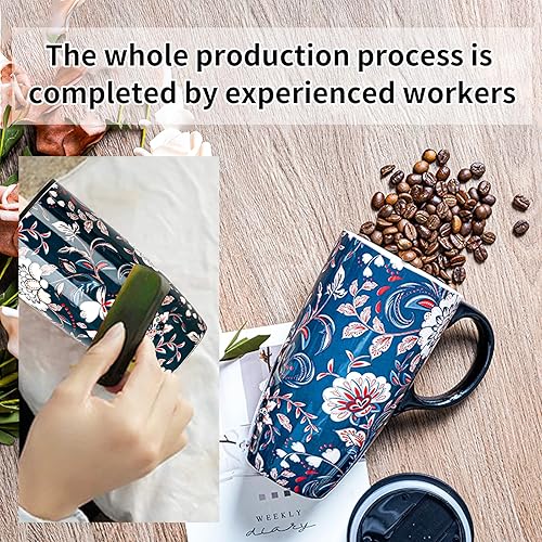 Miniatura 3 de Topadorn Taza de café de cerámica Taza de café de viaje Taza de cerámica Latte Taza de té con tapa y caja de color 17 oz, flores
