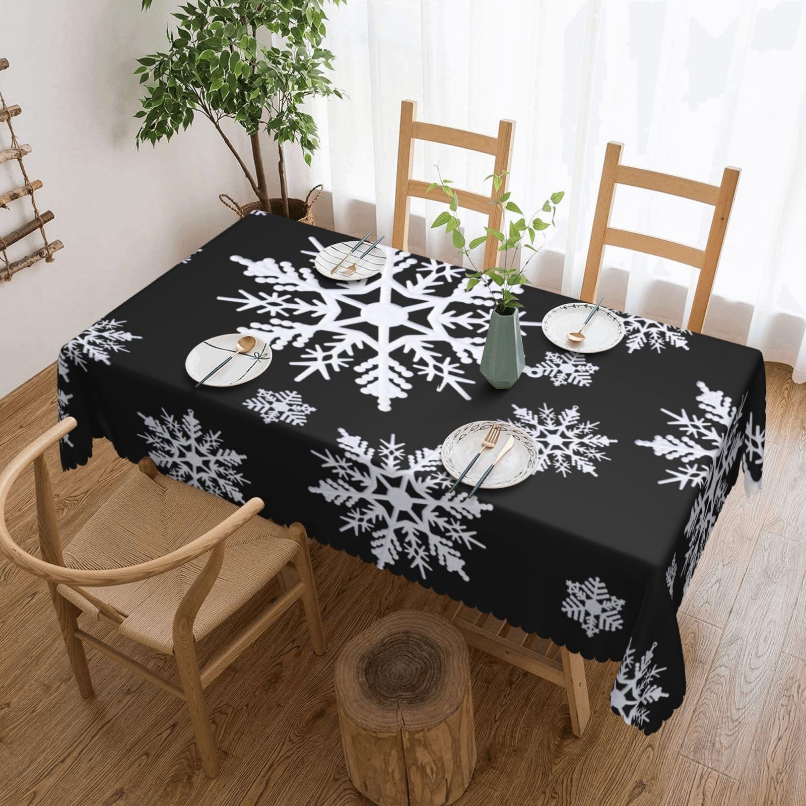 SMAZDFXX White Snowflakes Black 54 x 72in Table Cloth,Polyester Rectangle Tablecloth for Kitchen Dining
