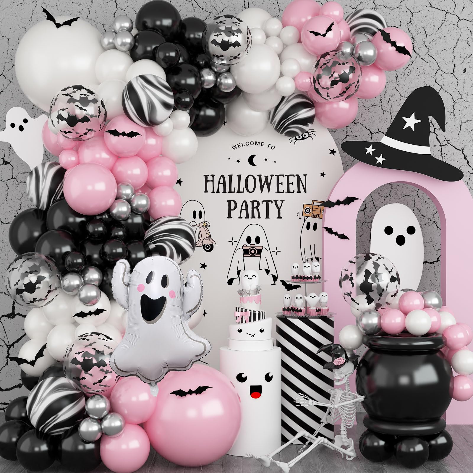 Pink Ghost Halloween Balloon Arch Kit, Pastel Halloween Party Decorations 3D Bat Cute Ghost Balloons Witch Pink Black Silver Balloon for Girls Spooky One Baby Shower Trunk or Treat Birthday Decoration โ image 1