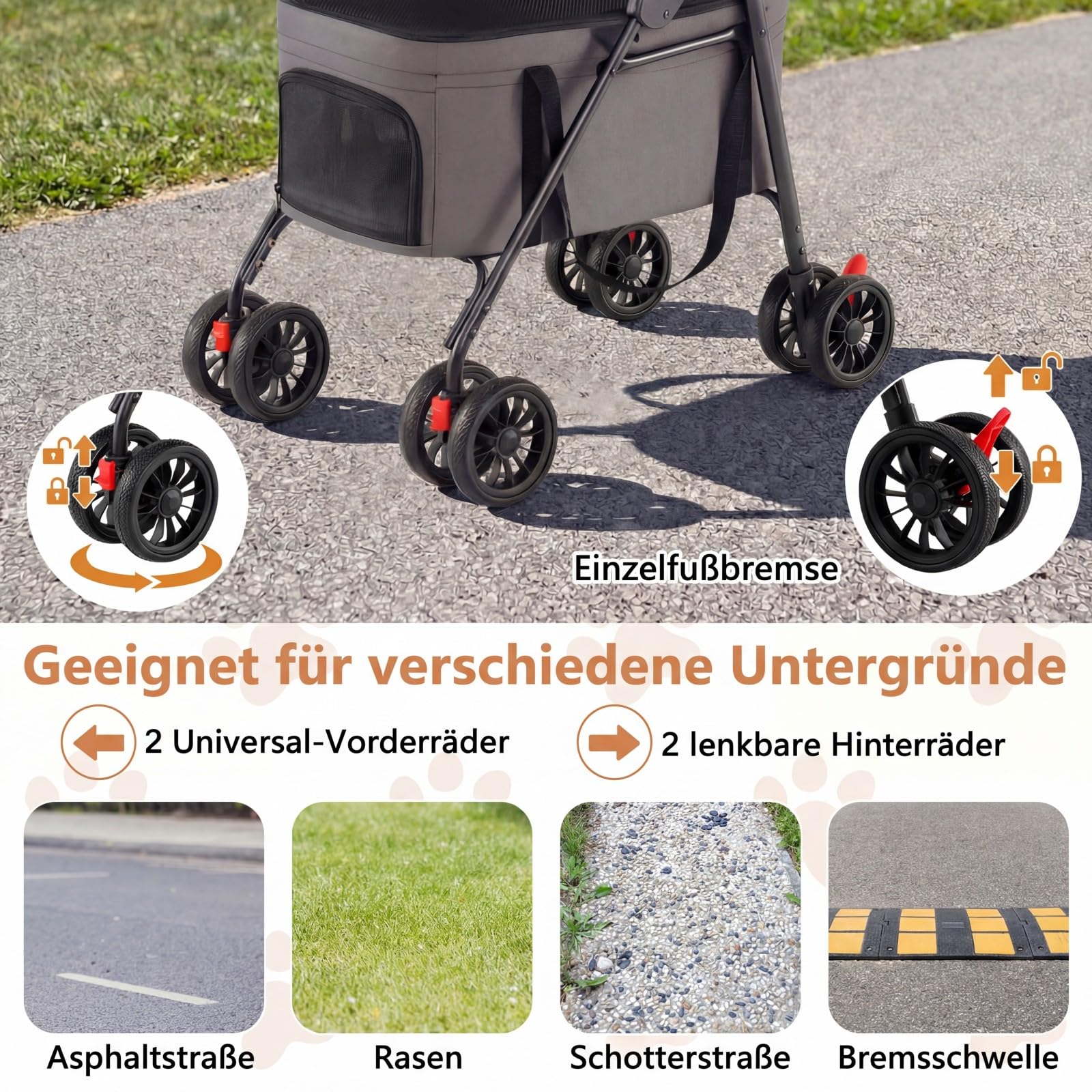 COSTWAY 3 in 1 Hundewagen klappbar, Hundebuggy 2 Etagen, Haustierwagen mit verstellbarem Vordach, Netzfenster & Taschen, Hundebox Transporttasche, Haustierbuggy für Katzen Hunde bis 15 kg (Grau)