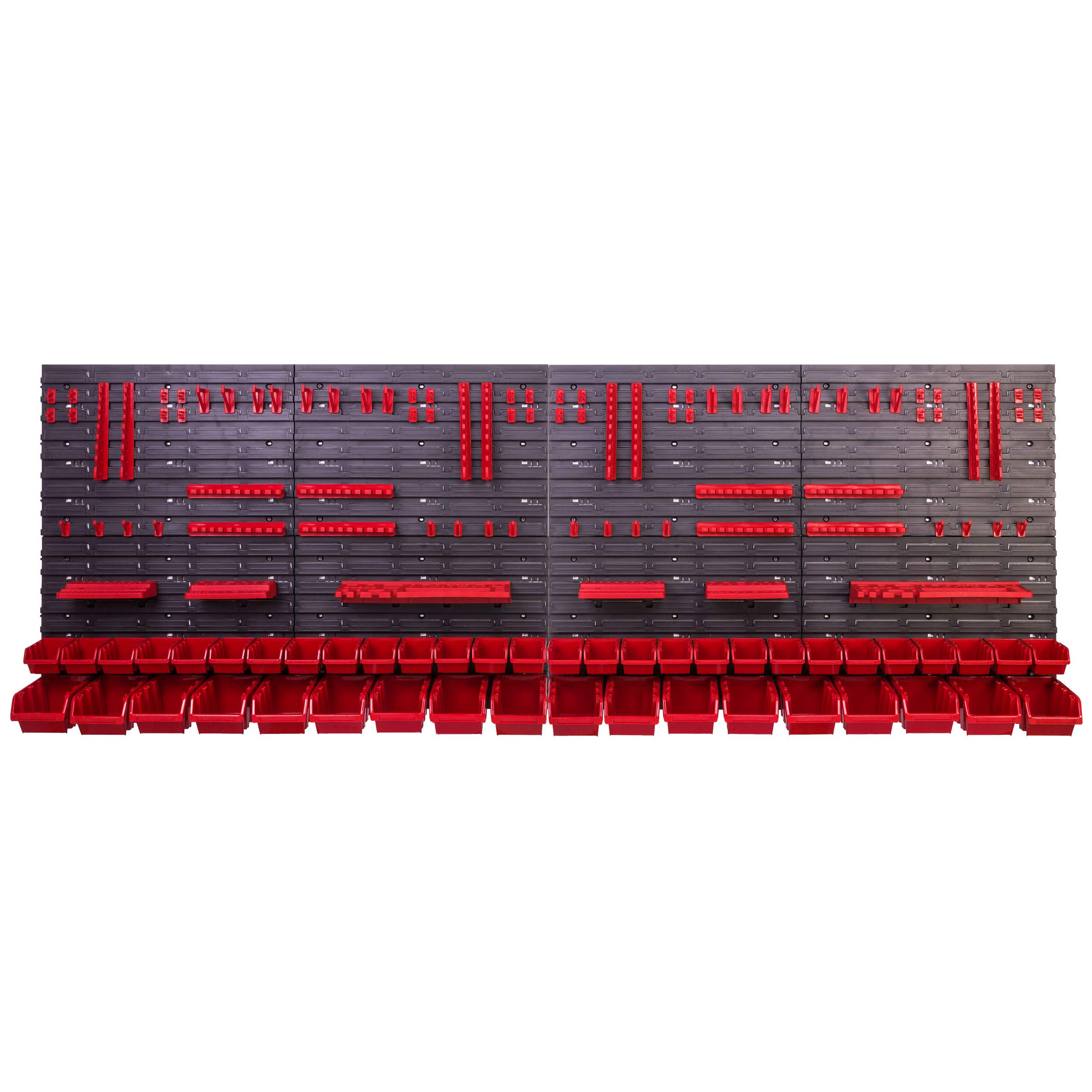 System przechowywania, regał ścienny 230 x 78 cm, uchwyty narzędziowe, 46 szt. Pudełka do układania w stos, regał warsztatowy, magazynowy, bardzo mocne płyty ścienne, możliwość rozbudowy