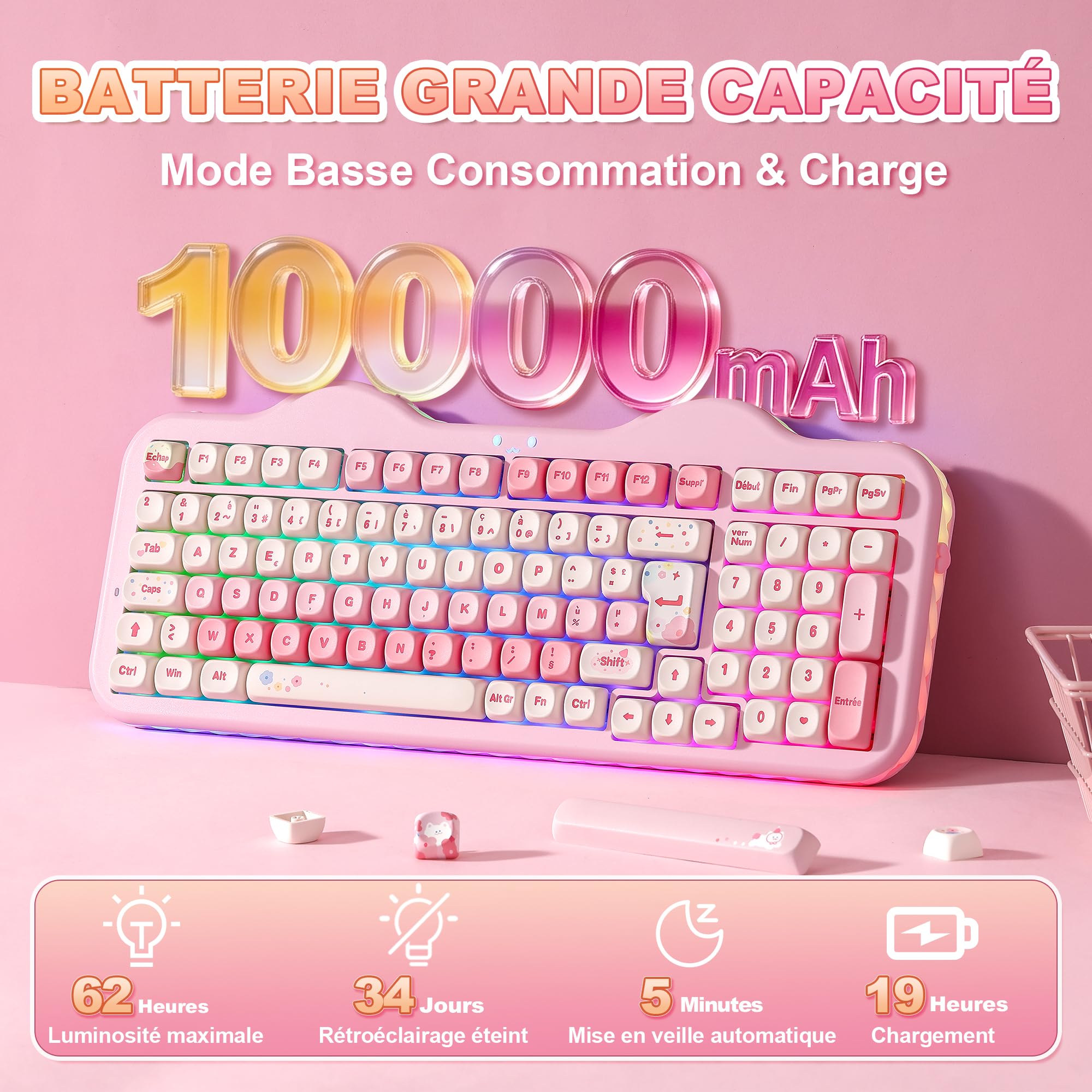 YUNZII C98 AZERTY Clavier Gamer Mécanique sans Fil Gâteaux (Rose, Milk V2)
