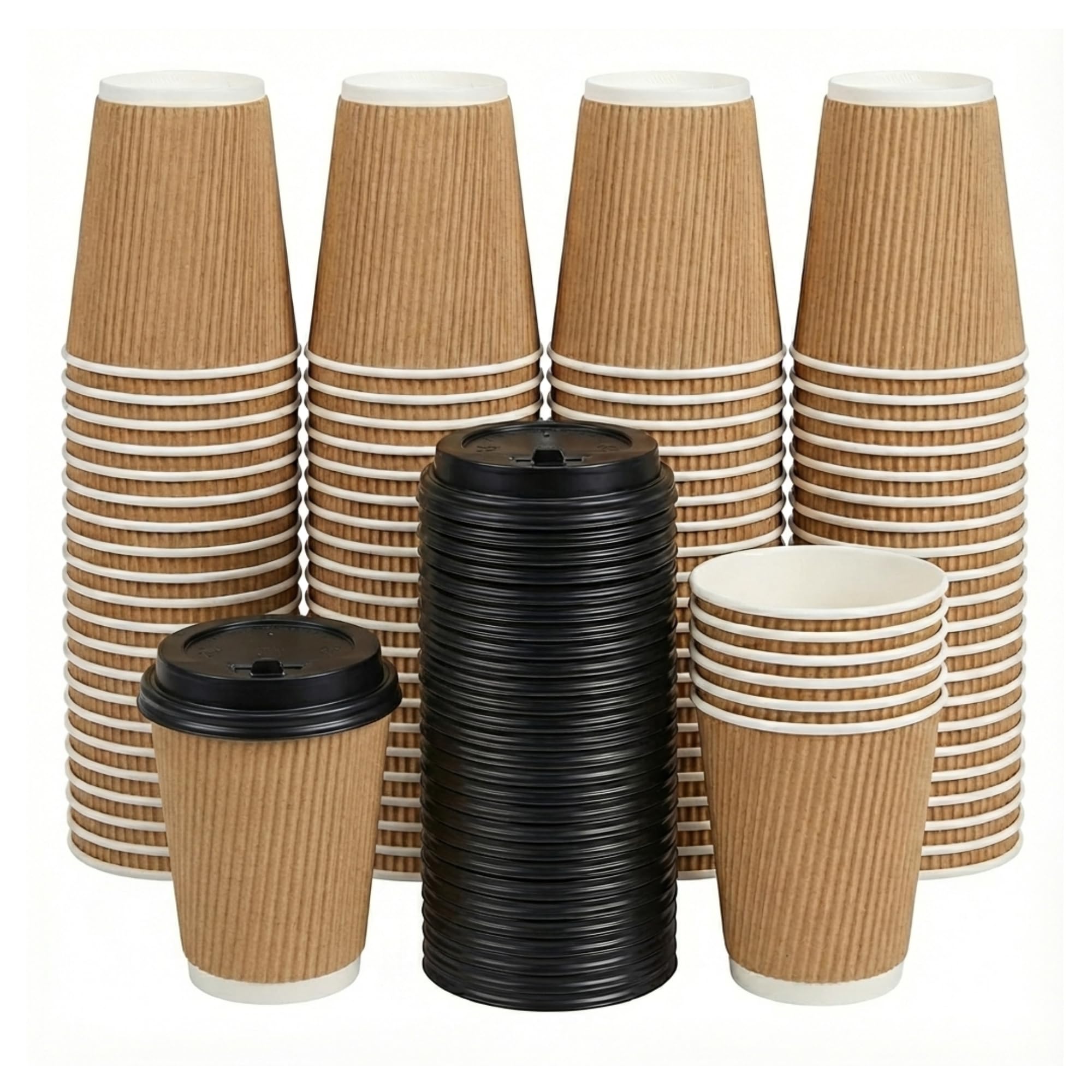 Disposable Takeaway Coffee Cups with Lids 12oz (Pack of 25) Recyclable Ripple Wall Coffee Cups for Hot & Cold Drinks | Heat Resistant, Leakproof & Eco-Friendly Paper Cups | Ideal for Office, Parties