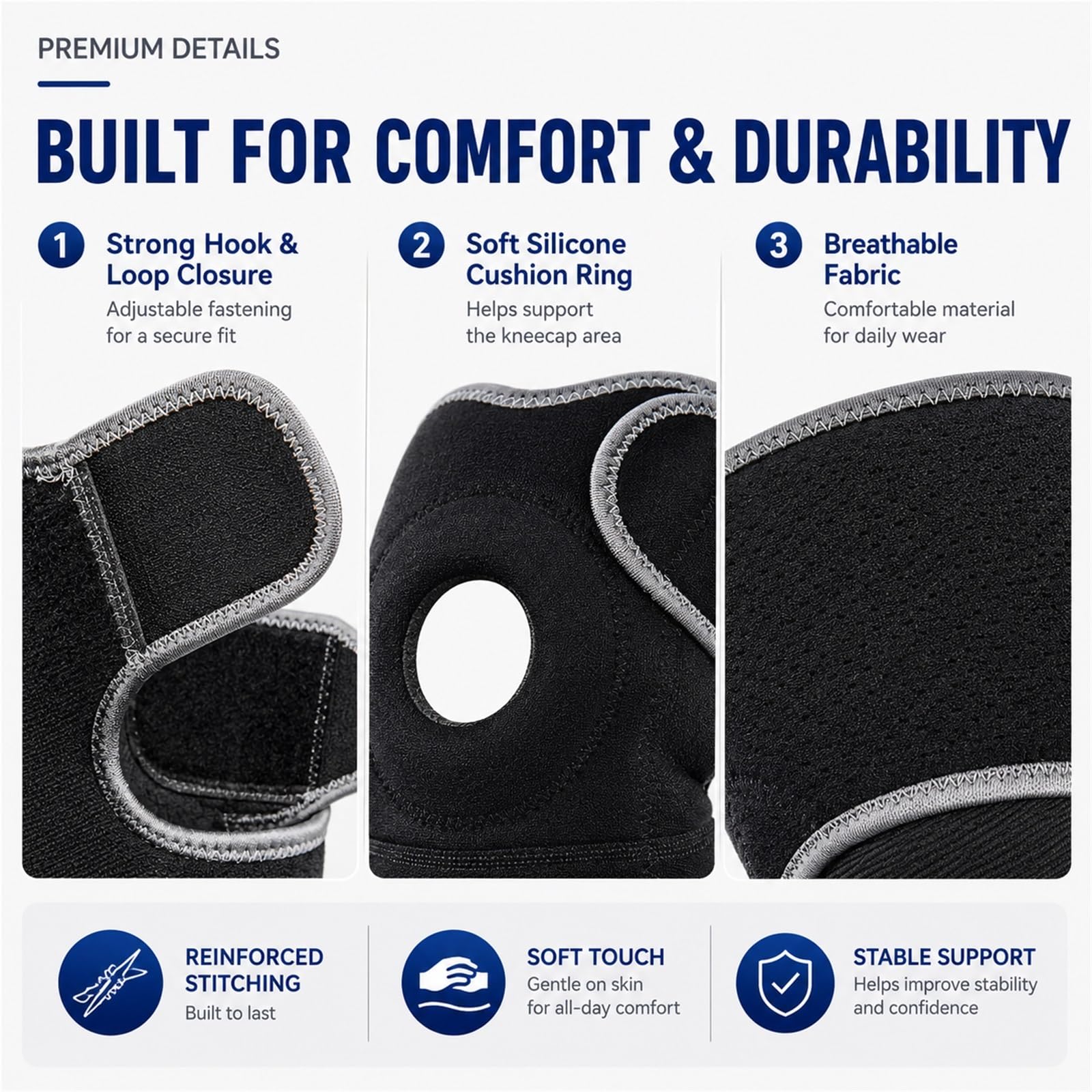 Kniebandage mit offener Patellastabilisierung zur Linderung von Meniskusrissen und Arthritissymptomen. Verstellbare Kompressionsbandage mit Gelpolster für die Rehabilitation nach Sportverletzunge