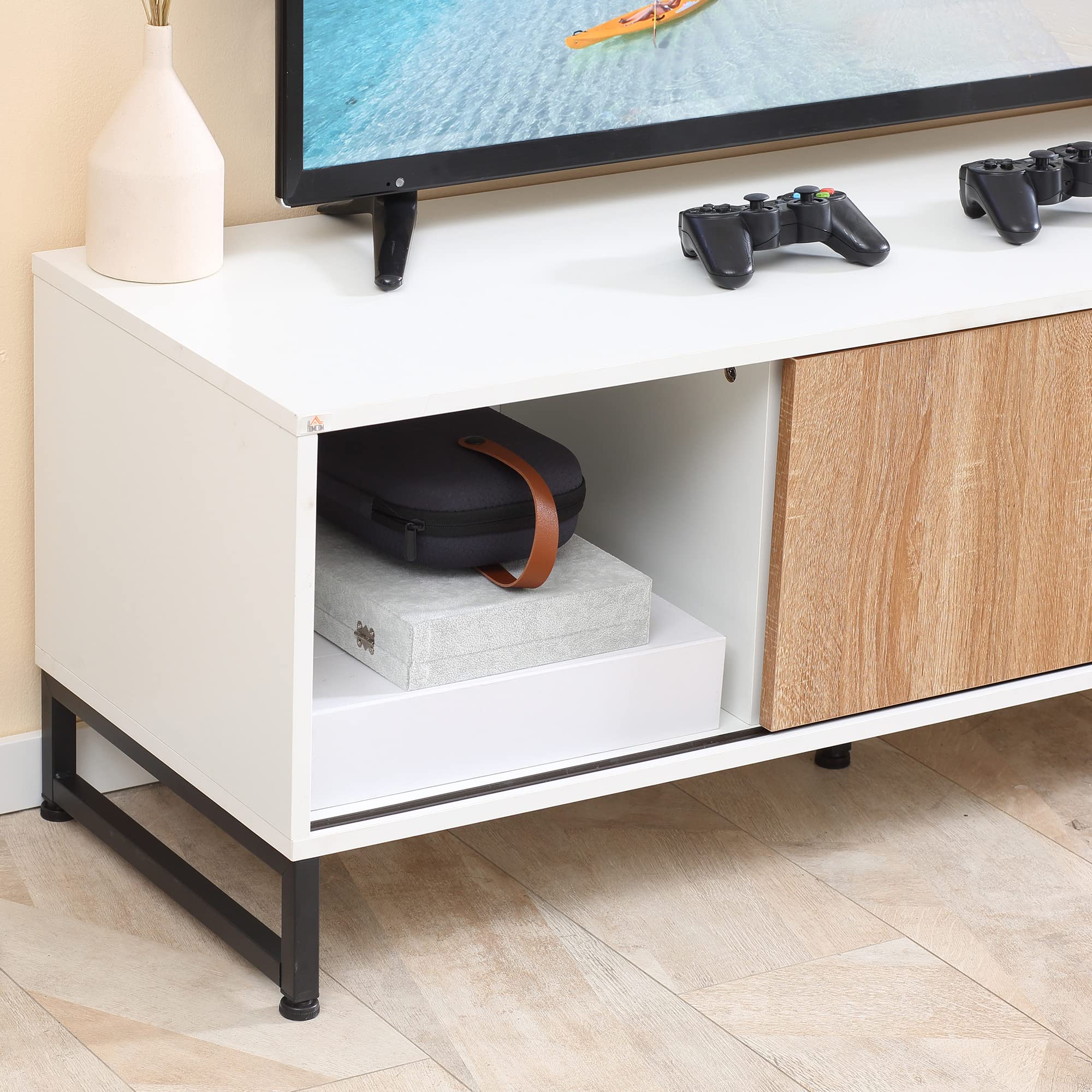 HOMCOM Mobile TV per Modelli fino a 50" max, Mobile TV Moderno in Truciolato e Acciaio con 2 Ripiani Aperti e 2 Armadietti Chiusi, 120x39.5x45 cm