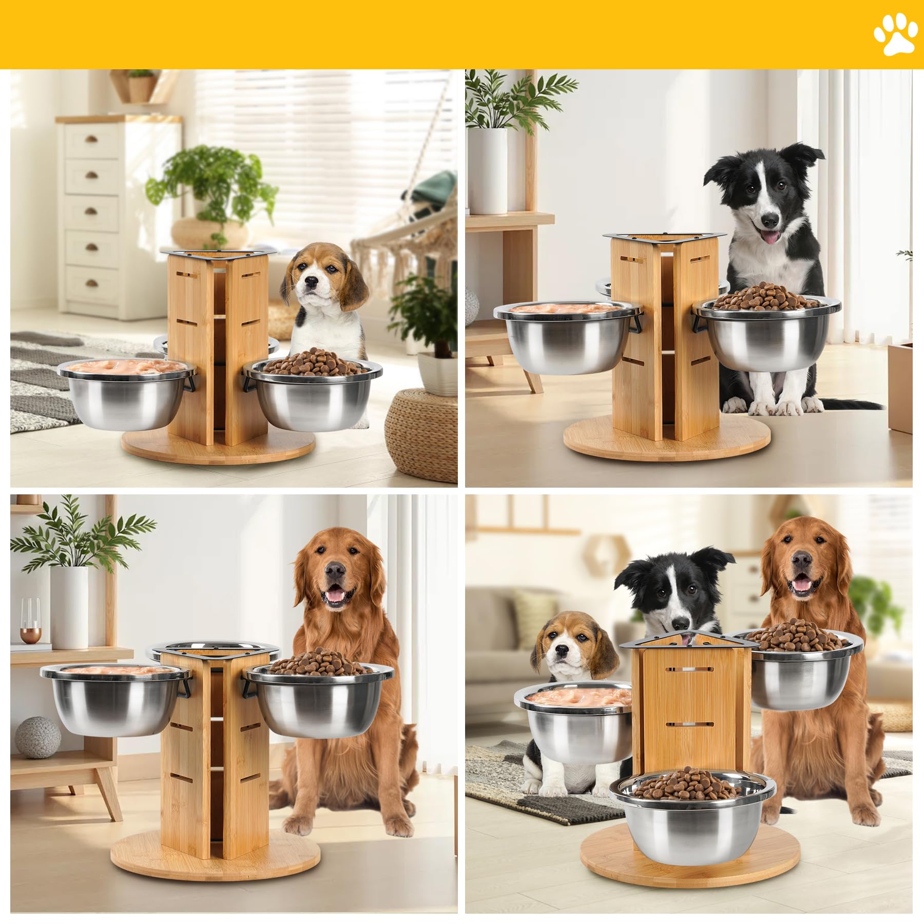 Comedero para perros elevado para perros, 3 cuencos de altura ajustable con 3 cuencos de acero inoxidable de 1400 ml y madera de tres lados elevados para perros, comedero para perros
