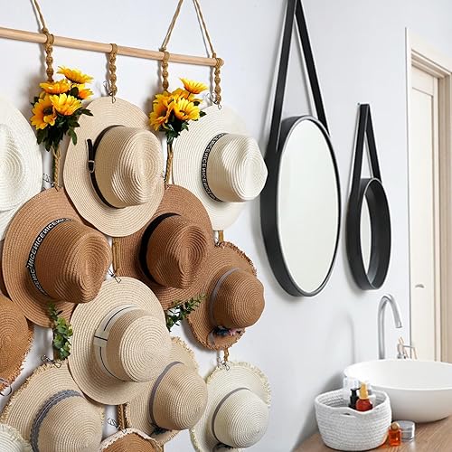 Miniatura 8 de Organizador de sombreros de macramé para pared, 15 clips de 31 x 53 pulgadas, ganchos grandes para sombreros de Fedora, para almacenamiento de