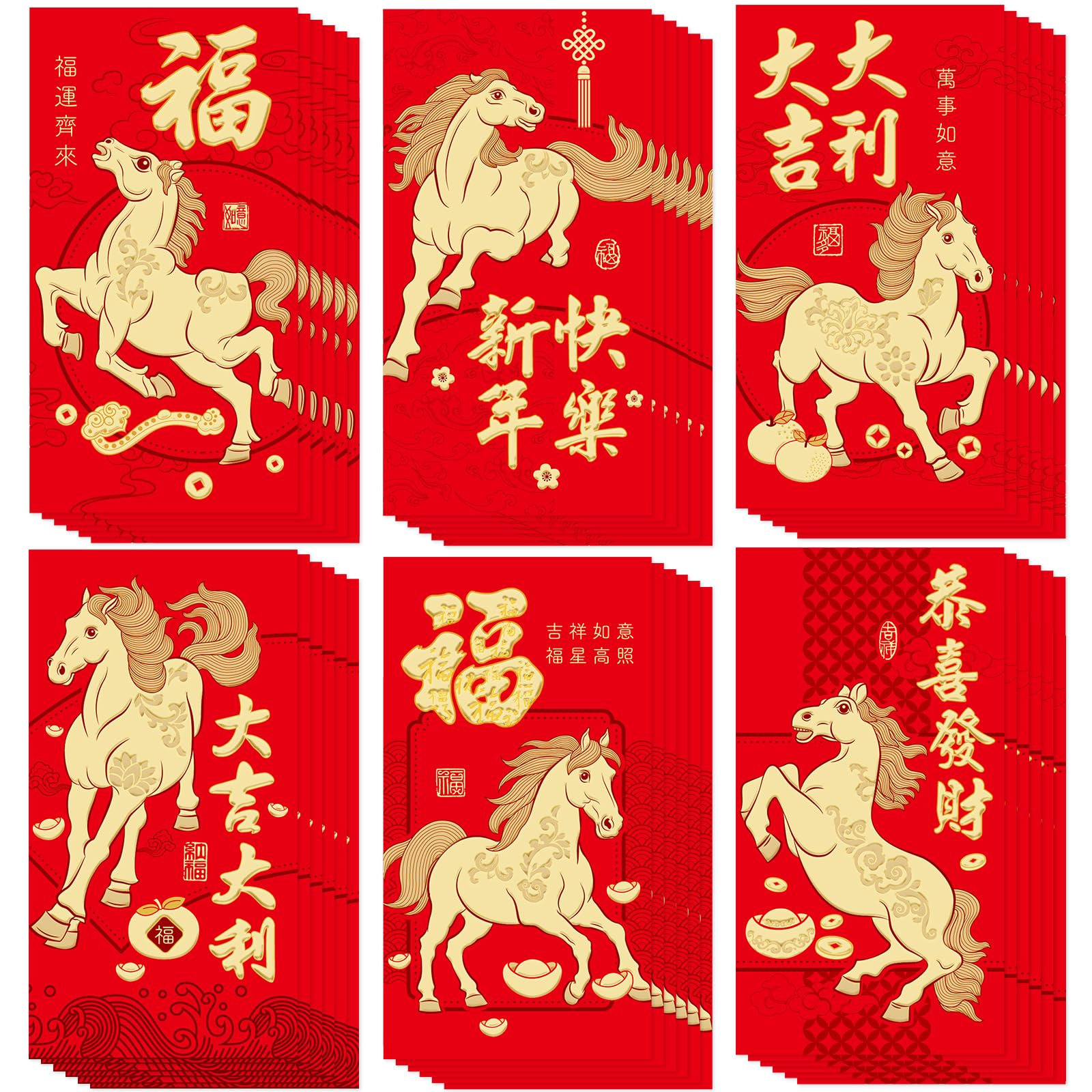 36 Pcs 6 Designs Chinese New Year Red Envelopes 2026 Year of the Horse, 9 x 17 cm Hong Bao Lucky Money Cash Envelopes Red Packets Lai See for Spring Festival, Lunar New Year, Birthdays, etc