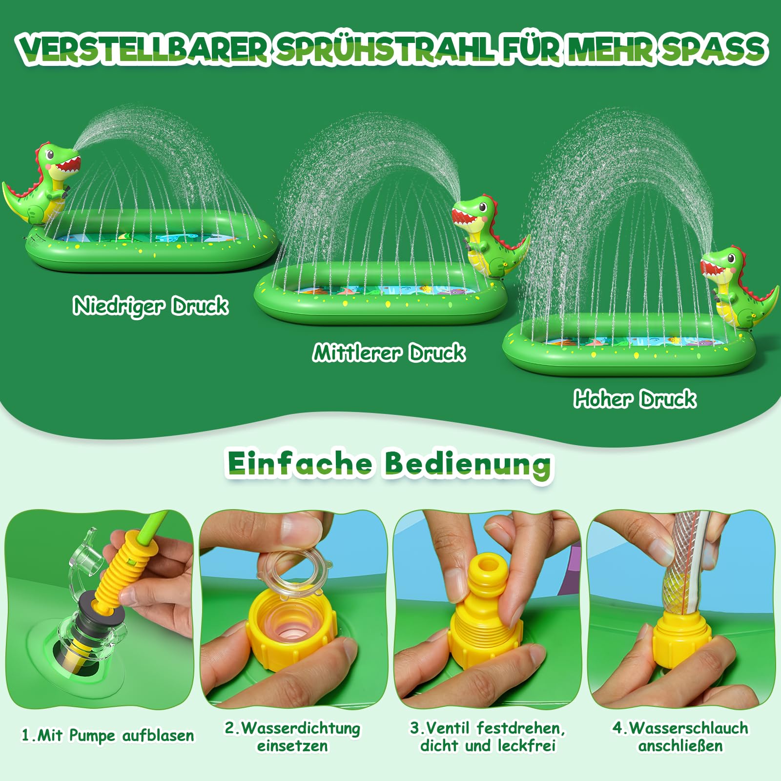 Planschbecken für Kinder, Aufblasbare Wassermatte für Kinder, Aufblasbares 3 in 1 Pool mit Dinosaurier Motiv, Wasserspielzeug für Sommer Garten Kinderpool, Geeignet für Jungen und Mädchen ab 1 Jahr