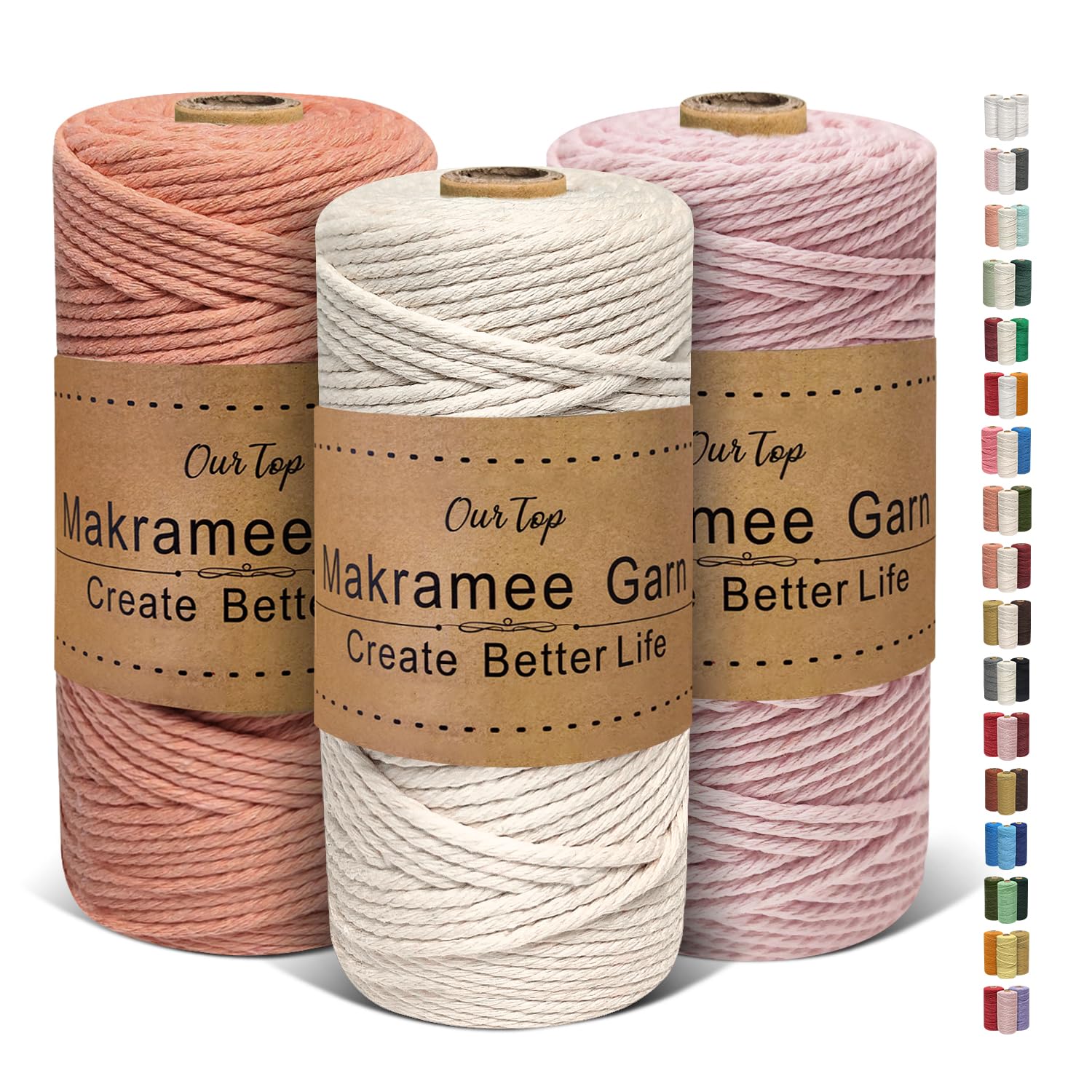 OurTop 3 Rolls Premium Macrame Cord, 3mm x 100m Braided Macrame Rope Twisted Cord Yarn Macrame Yarn Thick Rope for Wall Hangings, Plant Hangers, DIY Crafts(Beige, Light Pink, Brick Red)