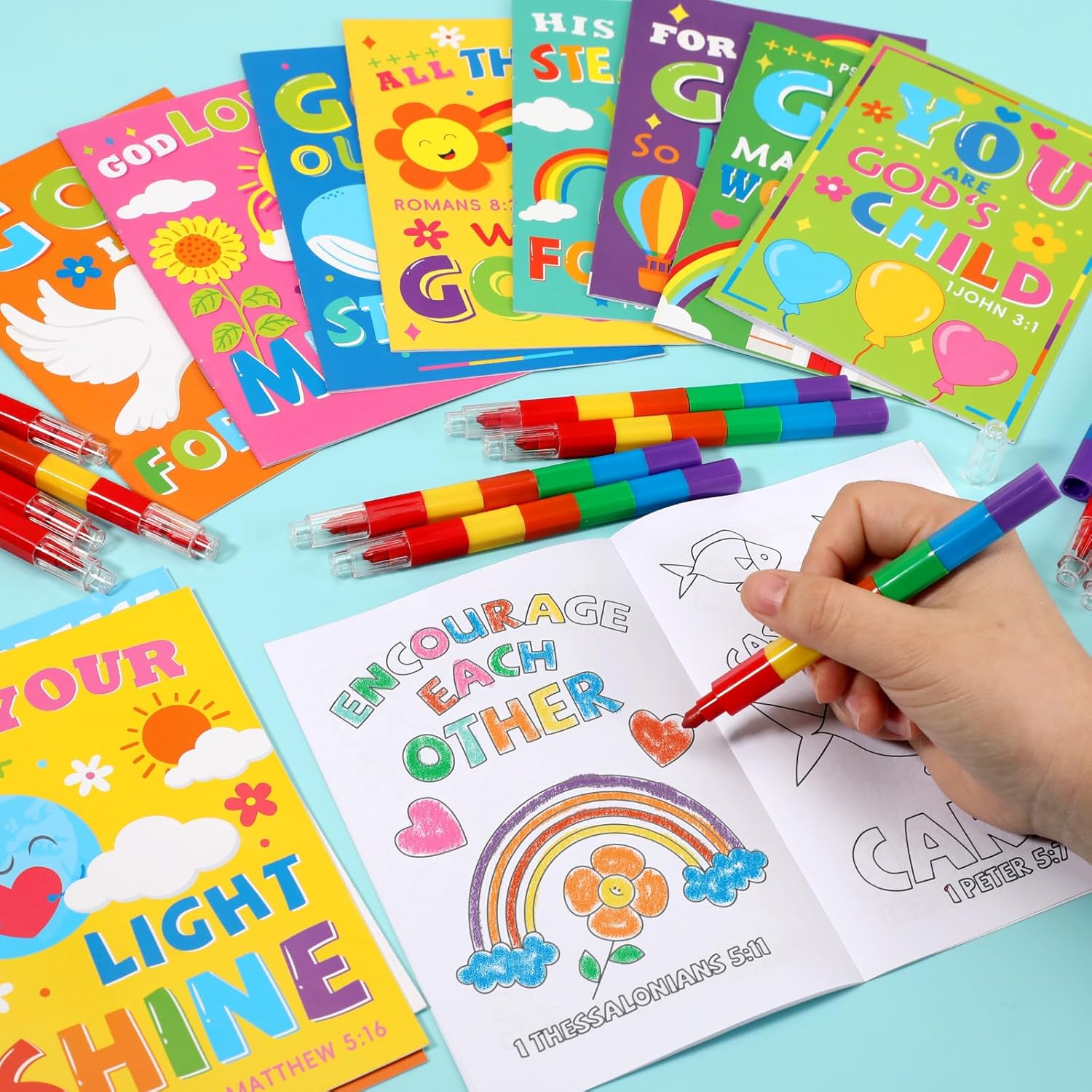 BenLouis 12 Bible Verses Mini Coloring Books Kids with 12 Stacking Crayons Christian Party Favors Small Activity Books Bulk for Kids Sunday School Religious Church Party Gift Goodie Bag Stuffers - Image 3
