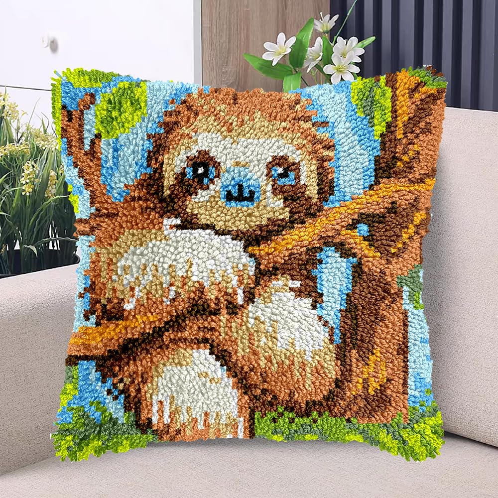A Cute Animal Sloth Hang on Tree Latch Hook Kits Pillow with Printed Canvas DIY Handmade Cushion Crochet Yarn Embroidery Hook and Latch Kit Pillowcase Christmas Decoration 43x43cm