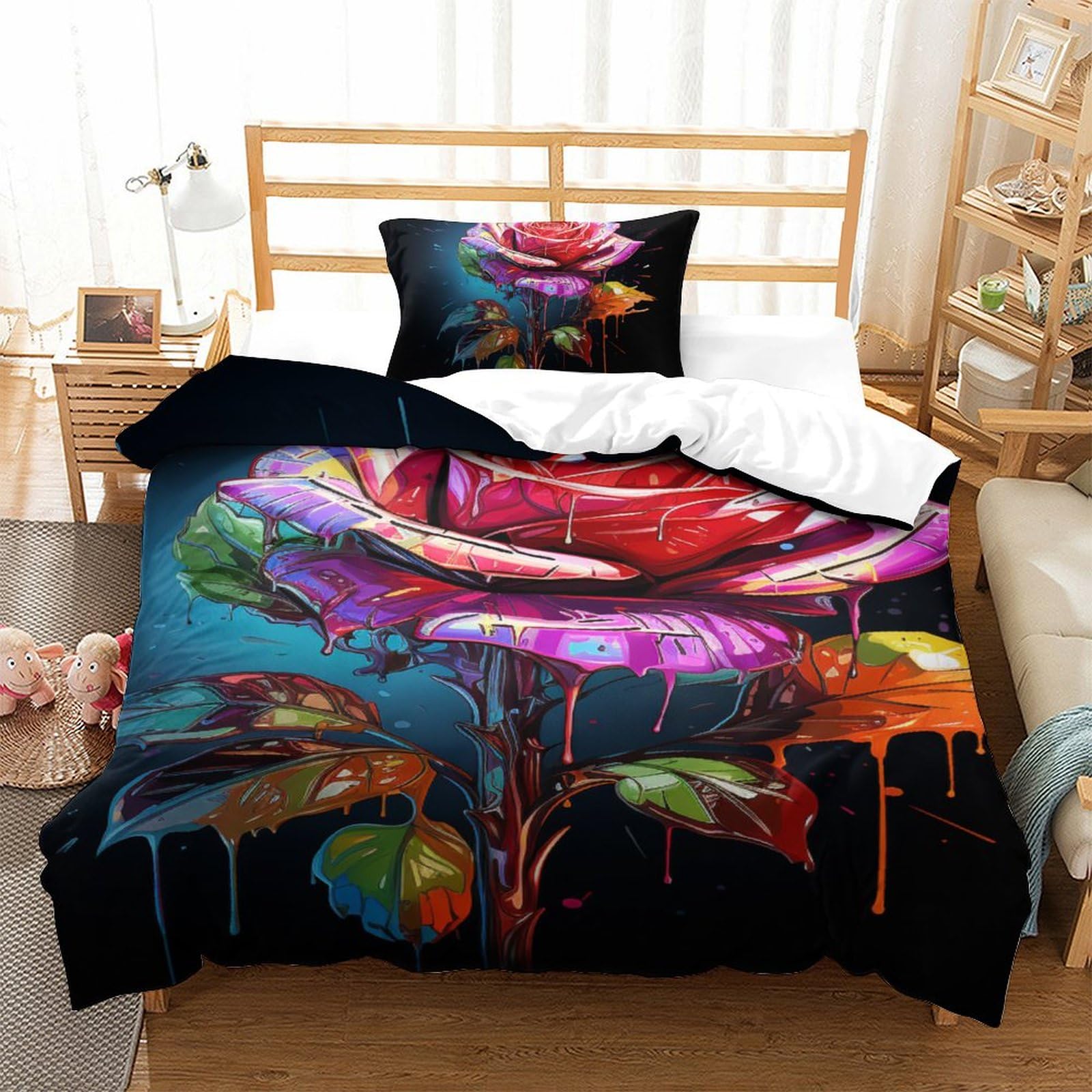 Housse de couette rose 3D en microfibre premium parure de lit zippée 135x200 texturée