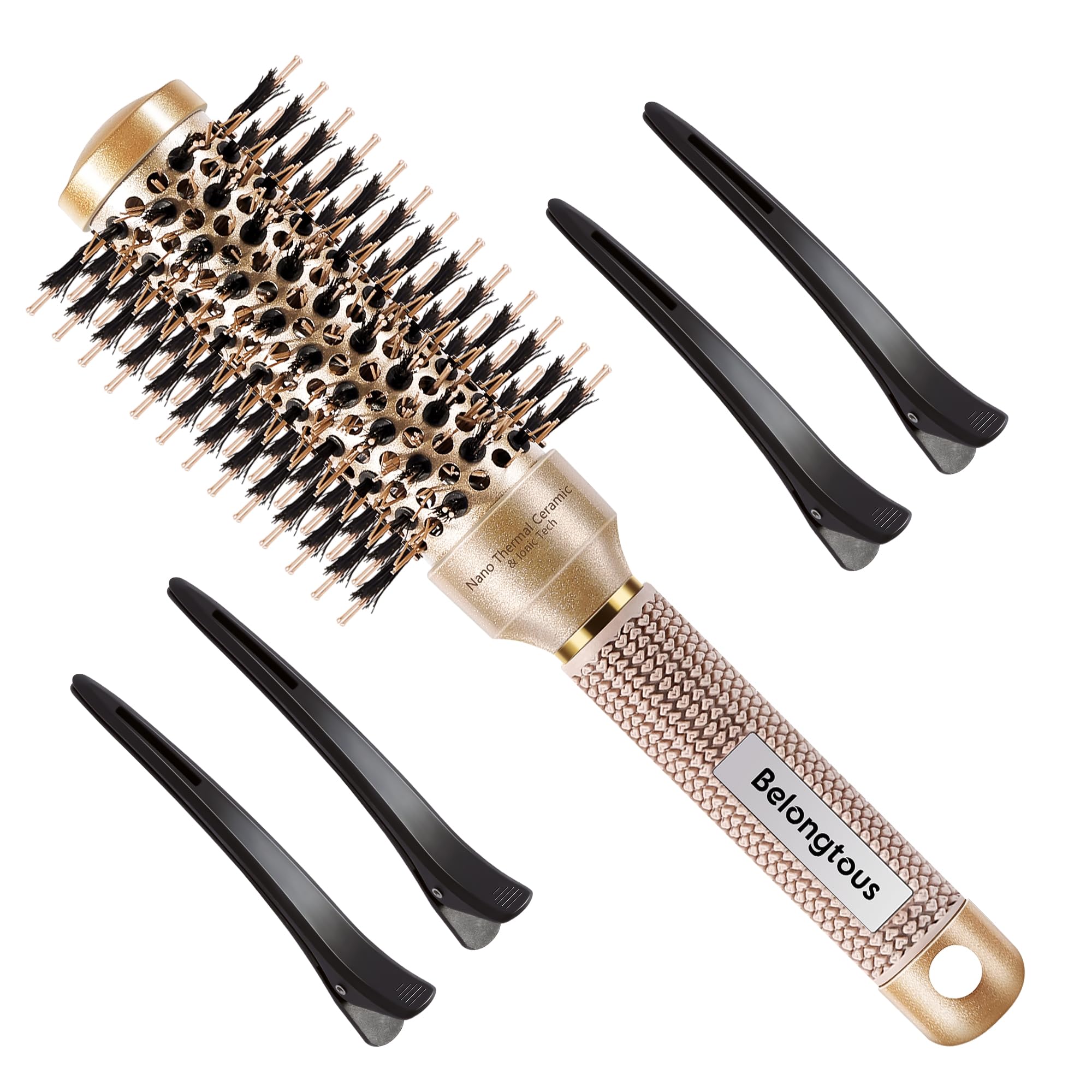 Belongtous Round Brush, Nano Thermal Ceramic & Ionic Tech Round Barrel Boar Bristles Hair Brush, Roller Brush for Blow Drying, Curling, Straightening and Hair Styling, 4 Free Clips (1.3 inch, 32mm)