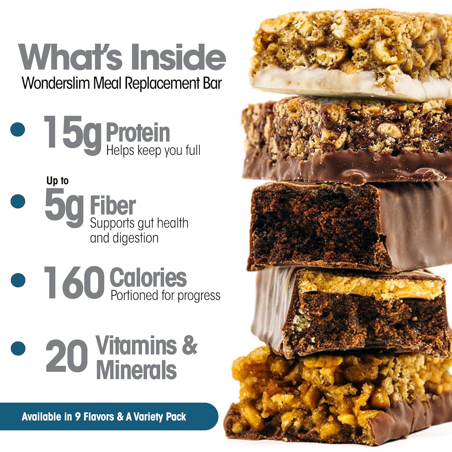 WonderSlim Meal Replacement Protein Bar, Variety Pack, 15g Protein, 20 Vitamins & Minerals (7ct)