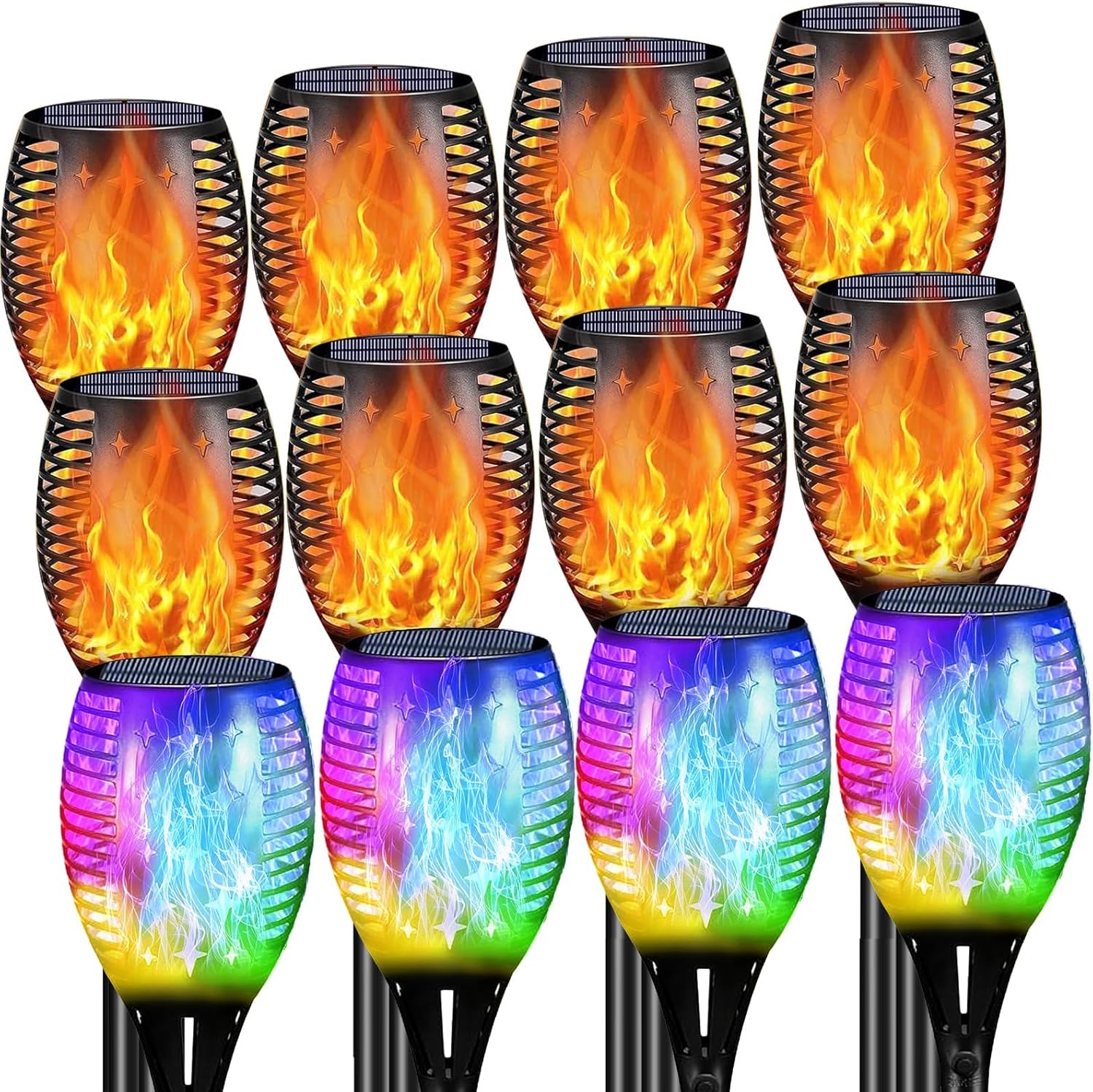 YoungPower 8P Solar Outdoor Torch Lights Flicking Flame + YoungPower 4P Multi Color Halloween RGB Christmas Torch Lights Flicking Flame