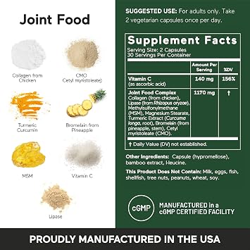 SMARTERNUTRITION Joint Food - Nourishing Support for Joint Comfort, Lubrication, Mobility with Collagen Type II, CMO, Lipase, MSM, Vitamin C, Turmeric, Bromelain - 60 Count - 30-Day Supply