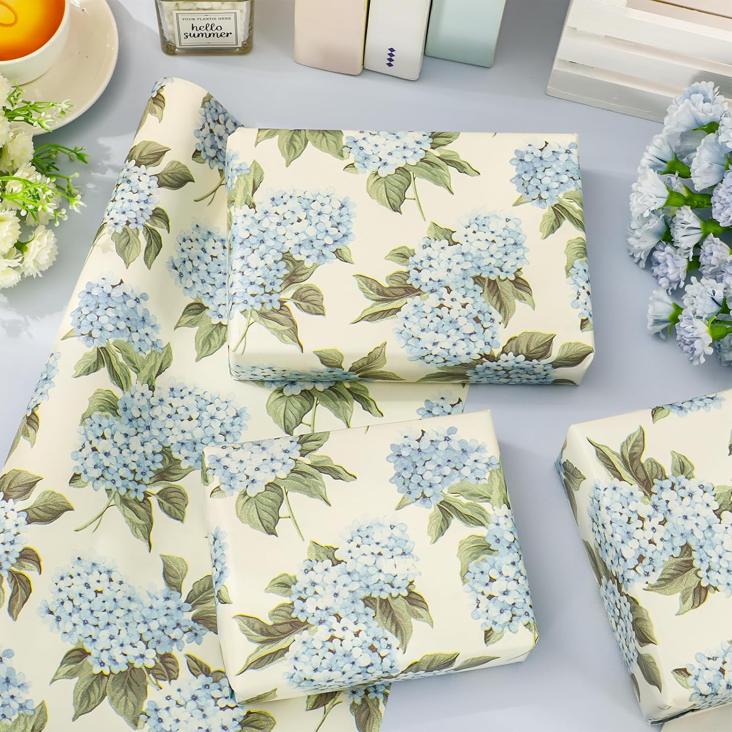 JarThenaAMCS Hydrangea Wrapping Paper - Mini Roll - 17 Inch x 16.4 Ft Blue Floral Gift Wrap Paper for Spring Birthday Baby Shower Wedding Party DIY Crafts - Image 3