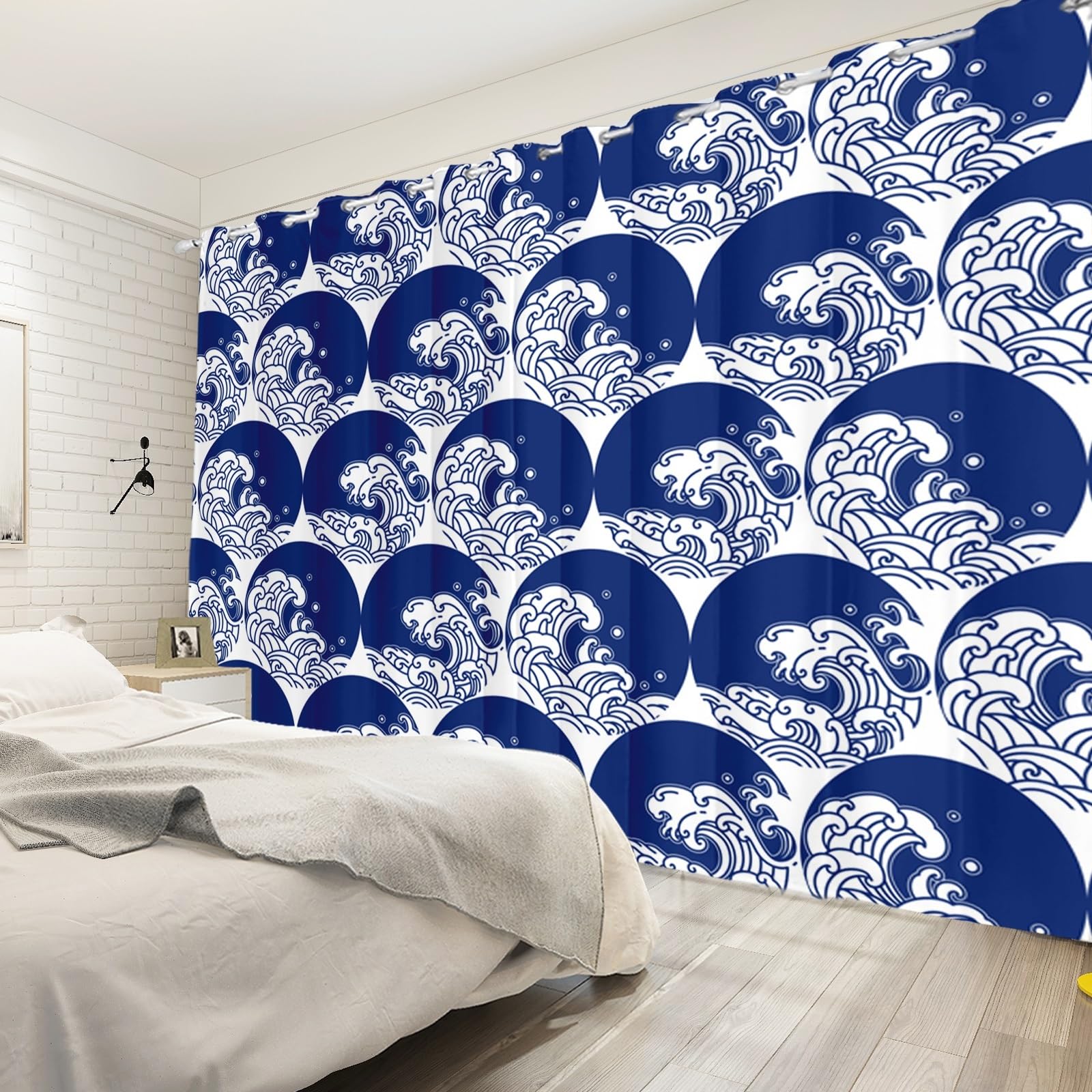 135x229cm Tenda oscurante a onde Navy Stile giapponese Surf Ocean Modello artistico Tende Isolamento termico per finestre occhielli per Soggiorno Camera da letto Sala da pranzo,2 Pannello
