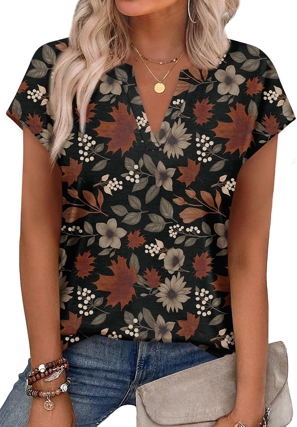 WIHOLL Womens Summer Tops V Neck T Shirts Cap Sleeve Business Casual Outfits Loose Fit Beach Vacation Clothes Basic Tees