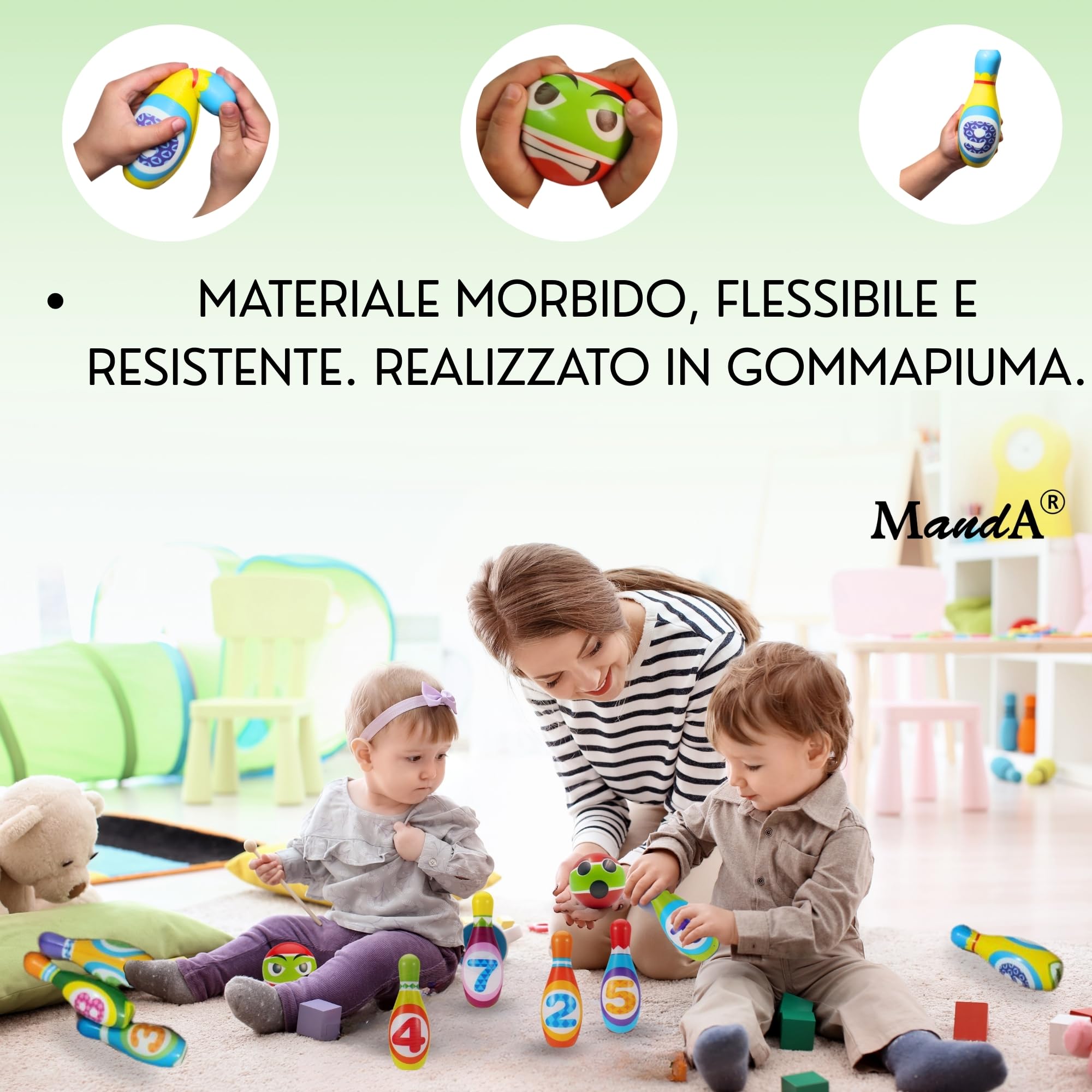 Bowling per Bambini Montessori in Gomma Piuma Grande - Set da 10 Birilli + 2 Palle con Borsa - Gioco Educativo e Sicuro per Bambini 2-7 Anni - Giocattolo da Interno ed Esterno - Idea Regalo Perfetta