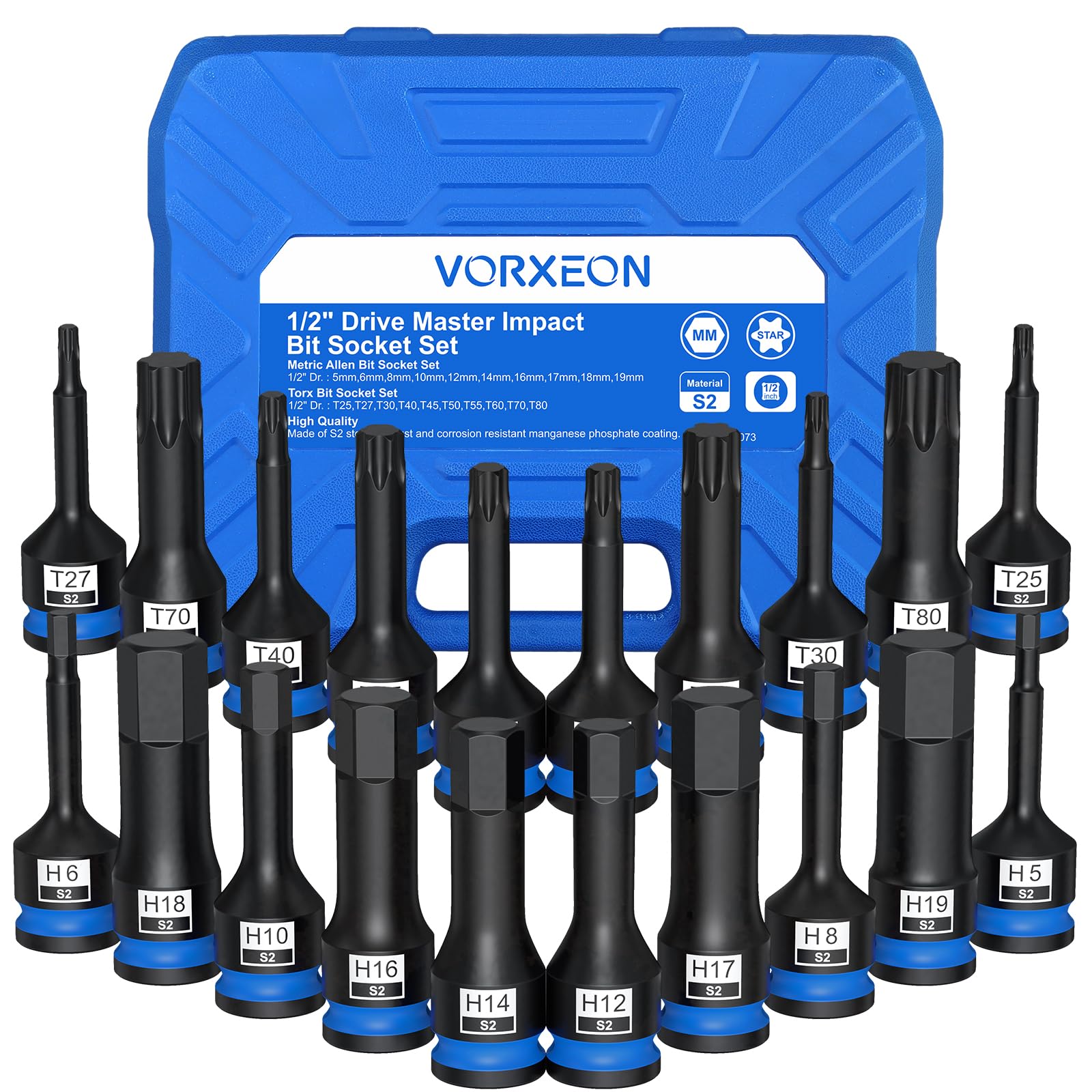 Set di 20PCS Bussole a Impatto da 1/2" in Acciaio S2 Esagonali Metriche da 5-19 mm/Torx T25-T80 con Sistema Anti-Caduta per Meccanici Professionisti e Appassionati di Fai da Te