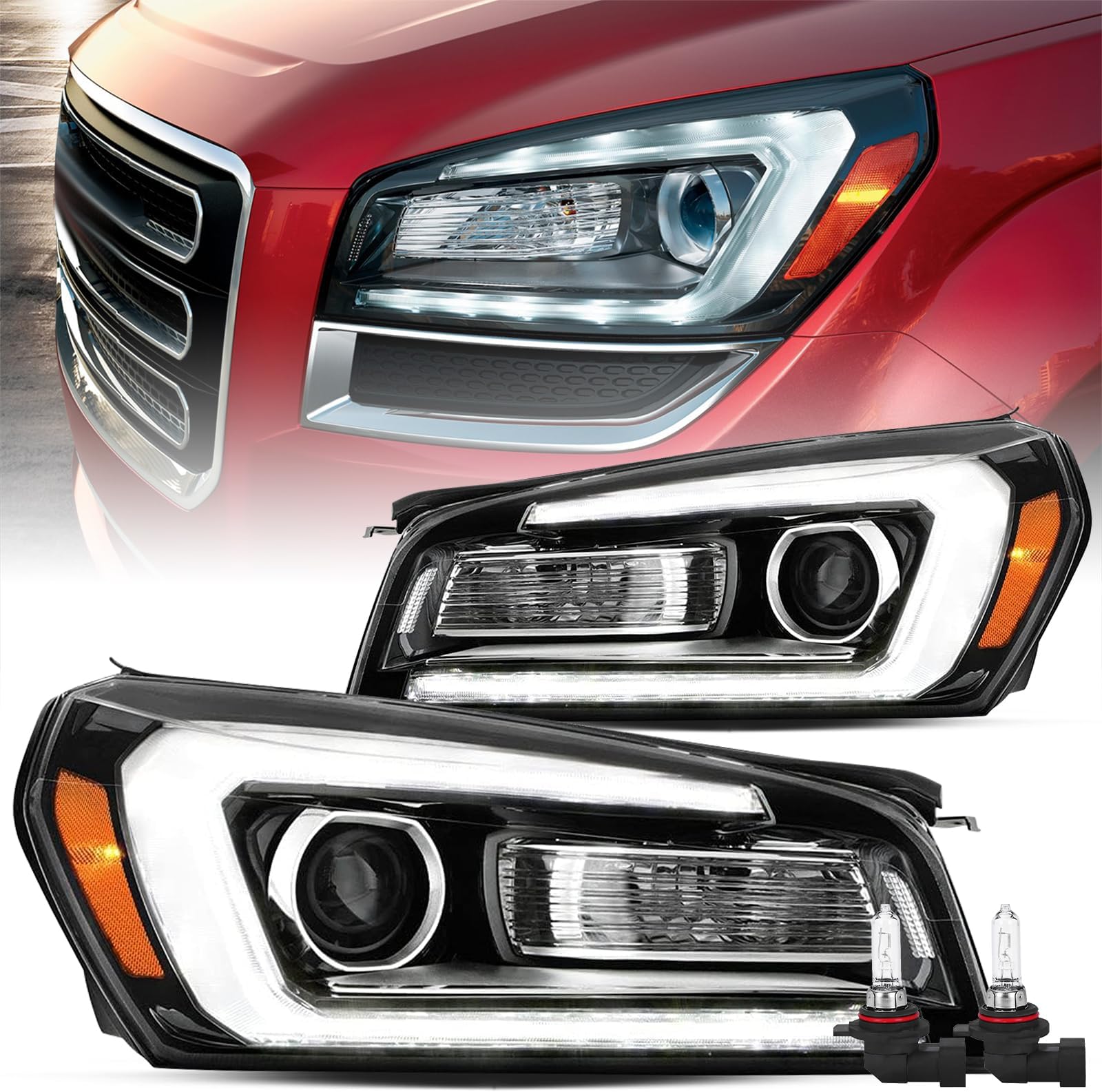 Halogen Headlight Assembly for 2013-2016 GMC Acadia & 2017 Limited Projector w/LED Tube DRL Headlamps Pair Set w/Bulbs