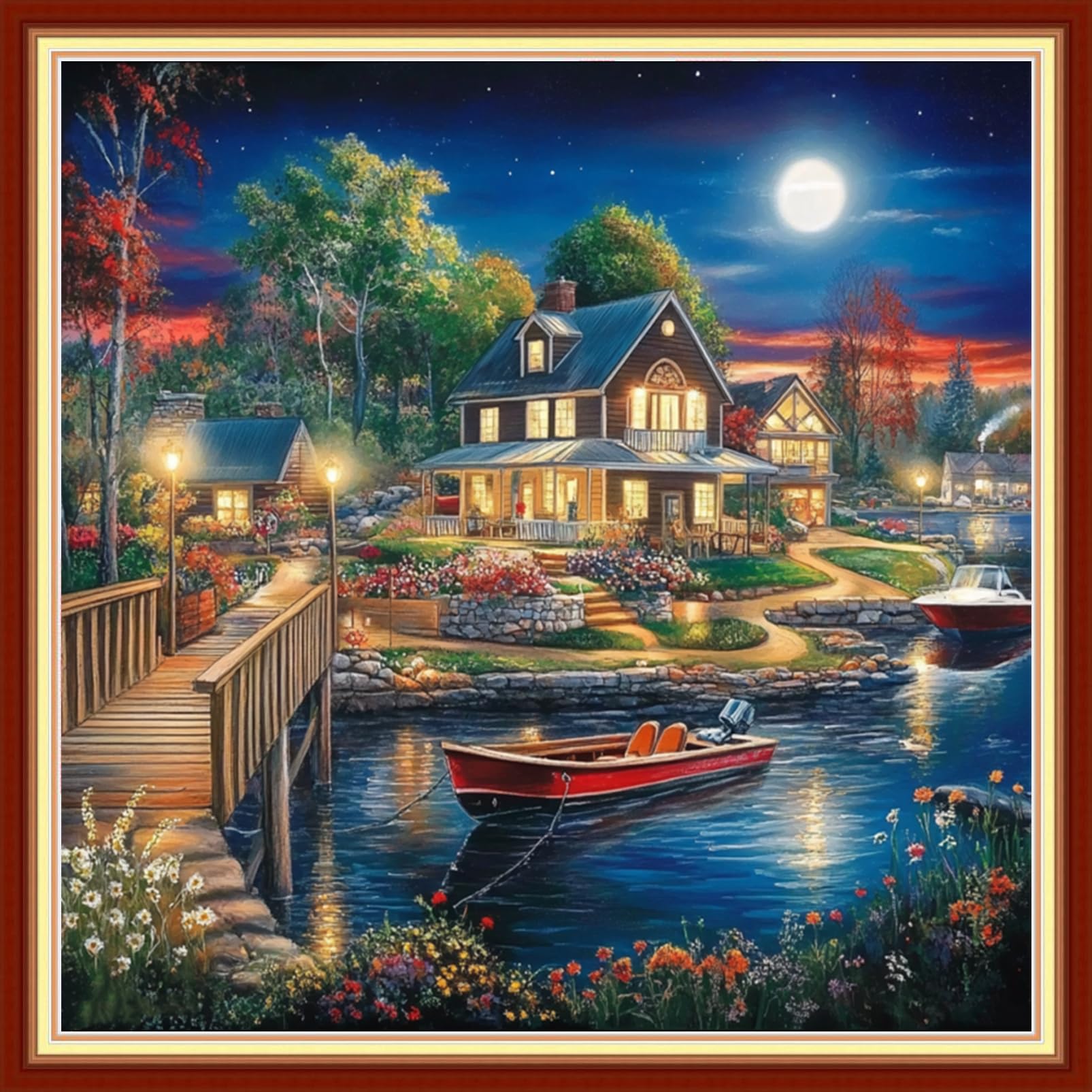 Joyhoor Cross Stitch Kits for Beginners Stamped Cross-Stitch Supplies Needlework preprint Embroidery Kits for Adults DIY Needlepoint Kits Embroidery Patterns 11CT-Night Moon Home 18x18 inchs