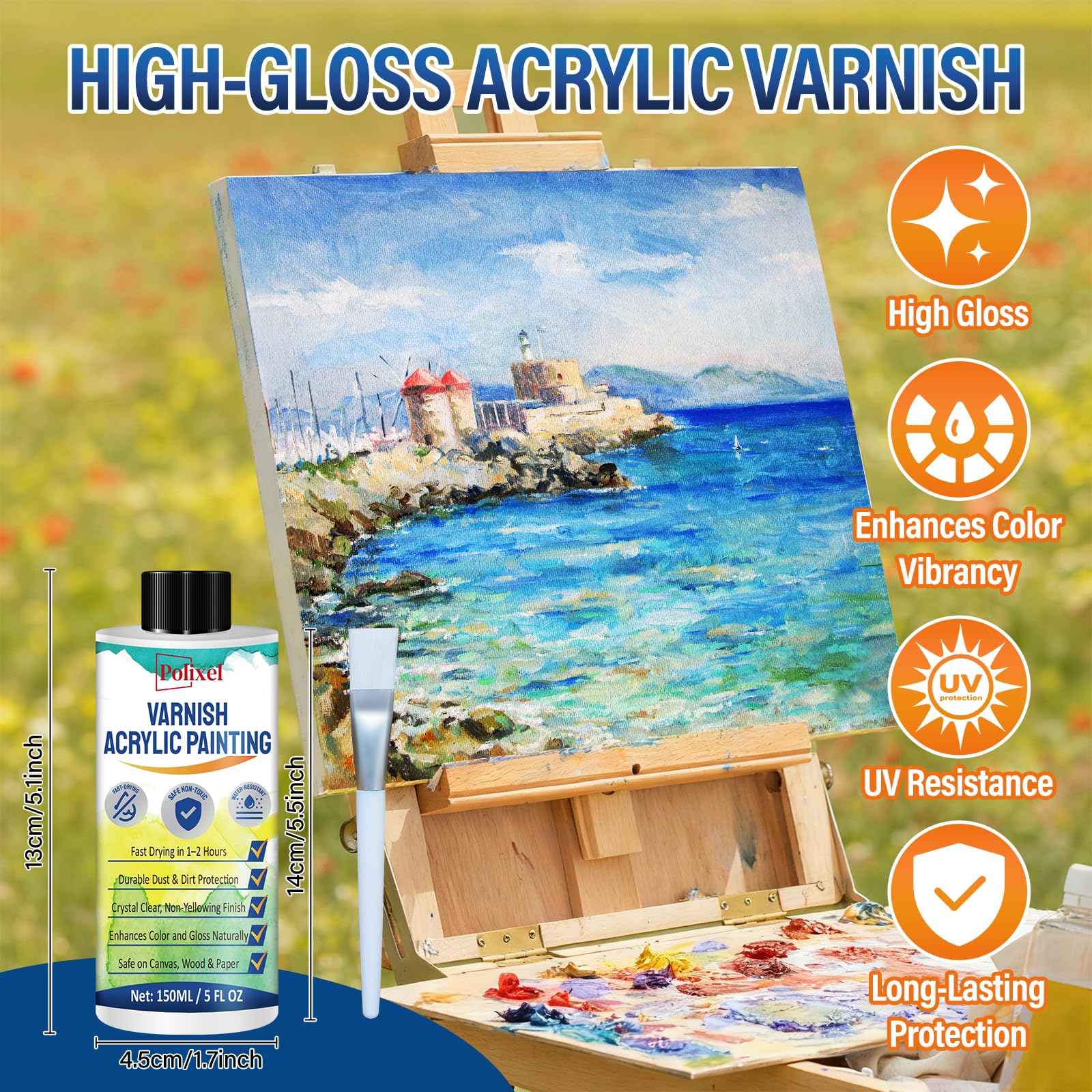 High Gloss Varnish for Acrylic Painting, Artist's Acrylic Varnish, Non-Yellowing, UV Resistant, Final Protective Coating for Canvas Art, Suitable for Pro Artists, Hobby Painter-5OZ/150ML