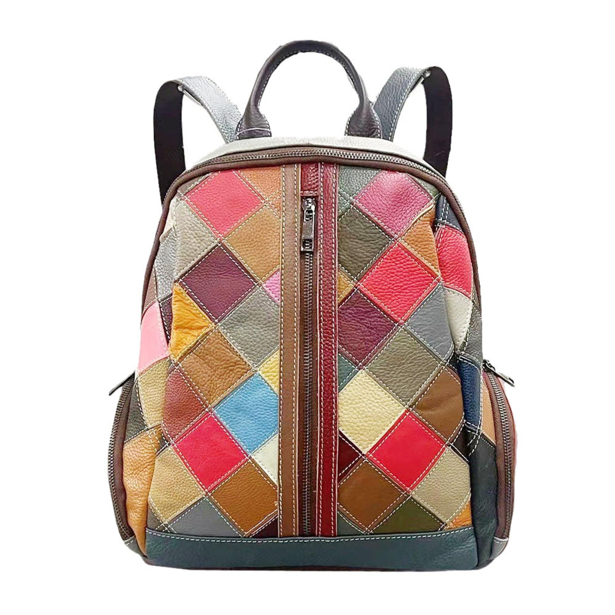 Riutiru Handmade Cowhide Multi Color Block Random Splicing Unique Style Backpack, Daily work and Travel (8879)