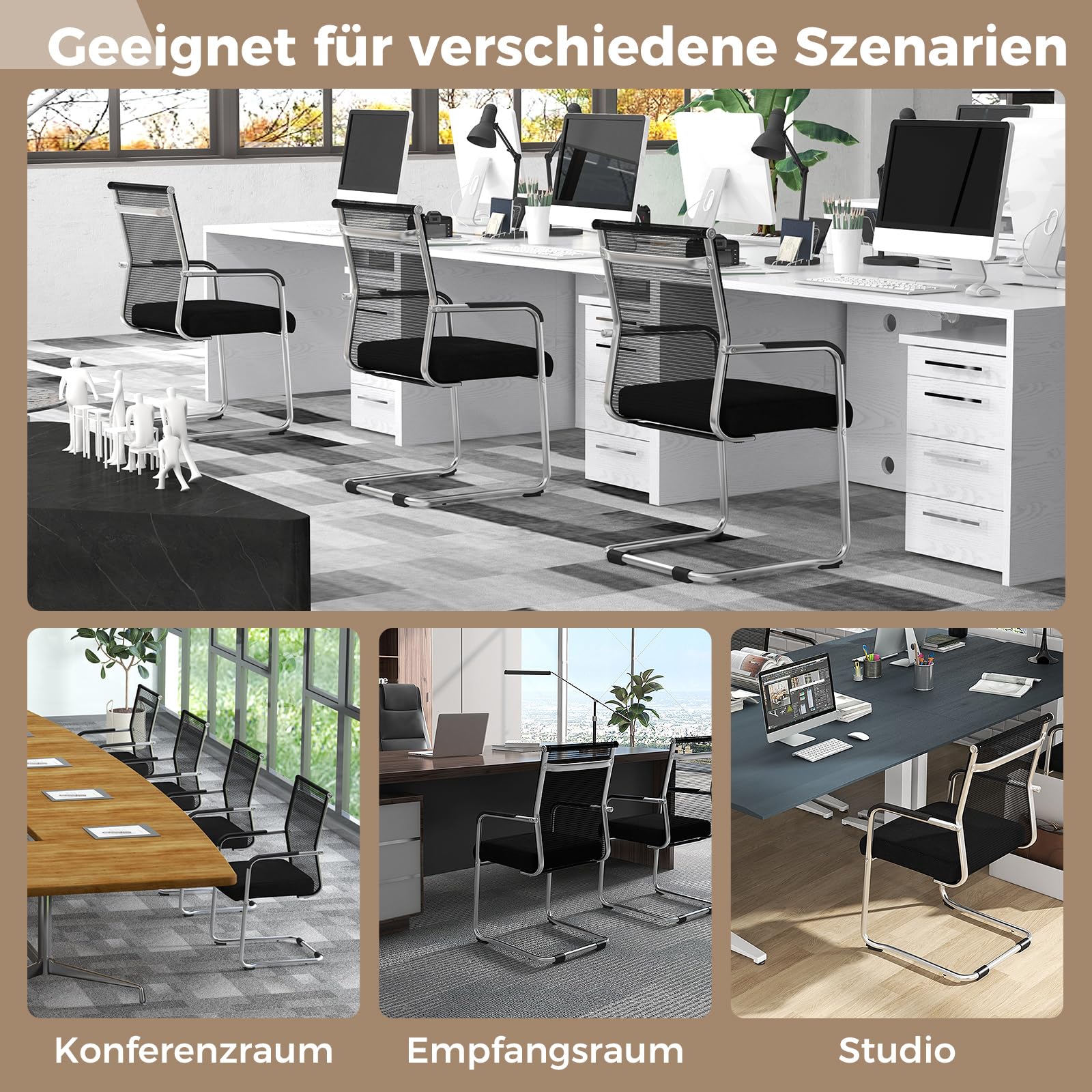 COSTWAY Freischwinger Stühle 4er Set, stapelbare Schwingstühle mit Metallkufenbasis & Armlehne, Bürostühle, Konferenzstühle, Besucherstühle für Büro, Konferenzraum, Arbeitszimmer, Schwarz