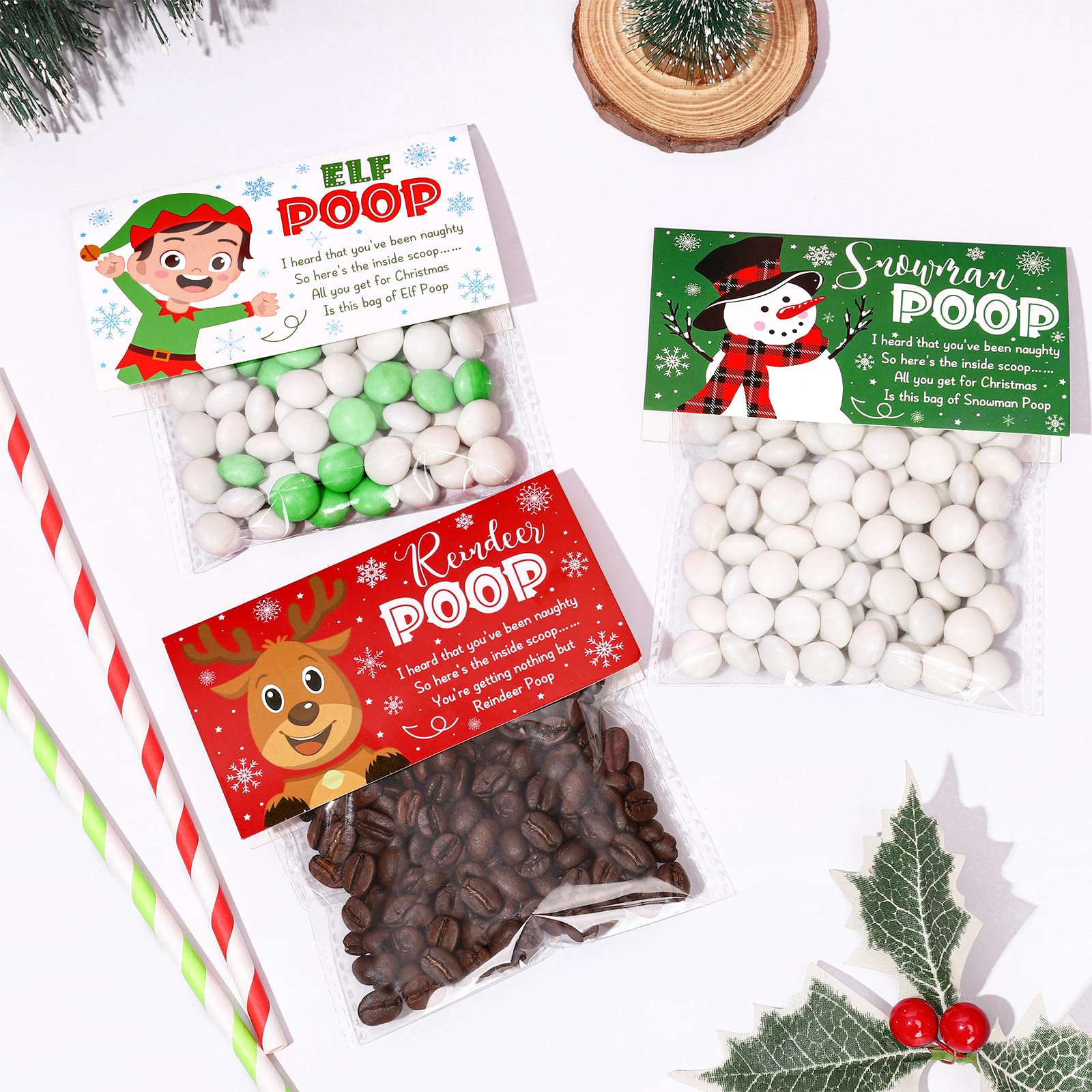 Whaline 120 Pcs Christmas Self-Adhesive Goody Bag with Topper Poop Elf Reindeer Snowman Candy Cello Bag Plastic Xmas Favor Treat Bag for Winter Party