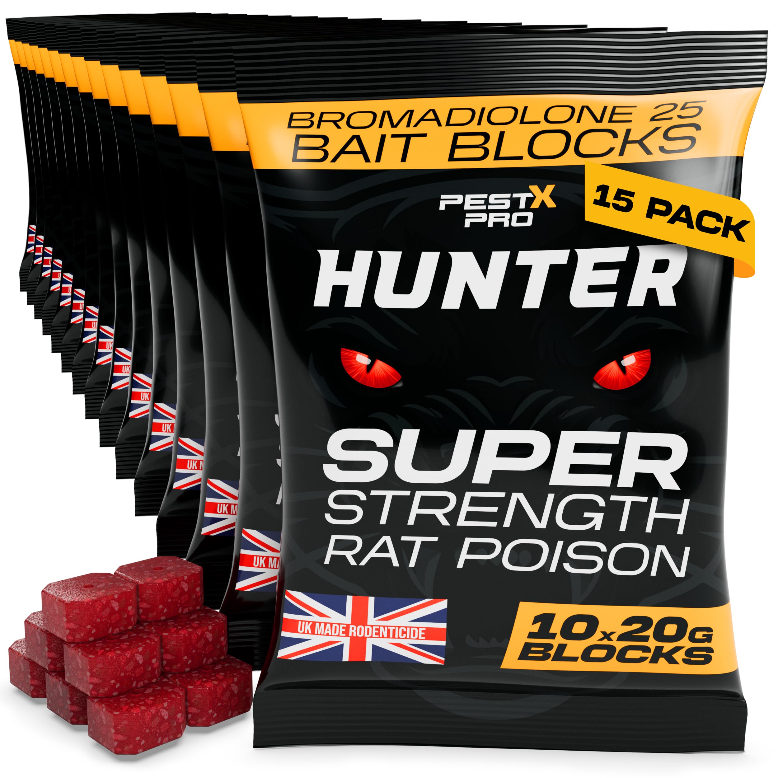 Pest-X Pro Hunter โ Rat Poisoning Super Strength, 15 ร 200 g Sachets, Professional Rat & Mouse Killer Bait, Indoor & Outdoor Rodent Control with Bromadiolone
