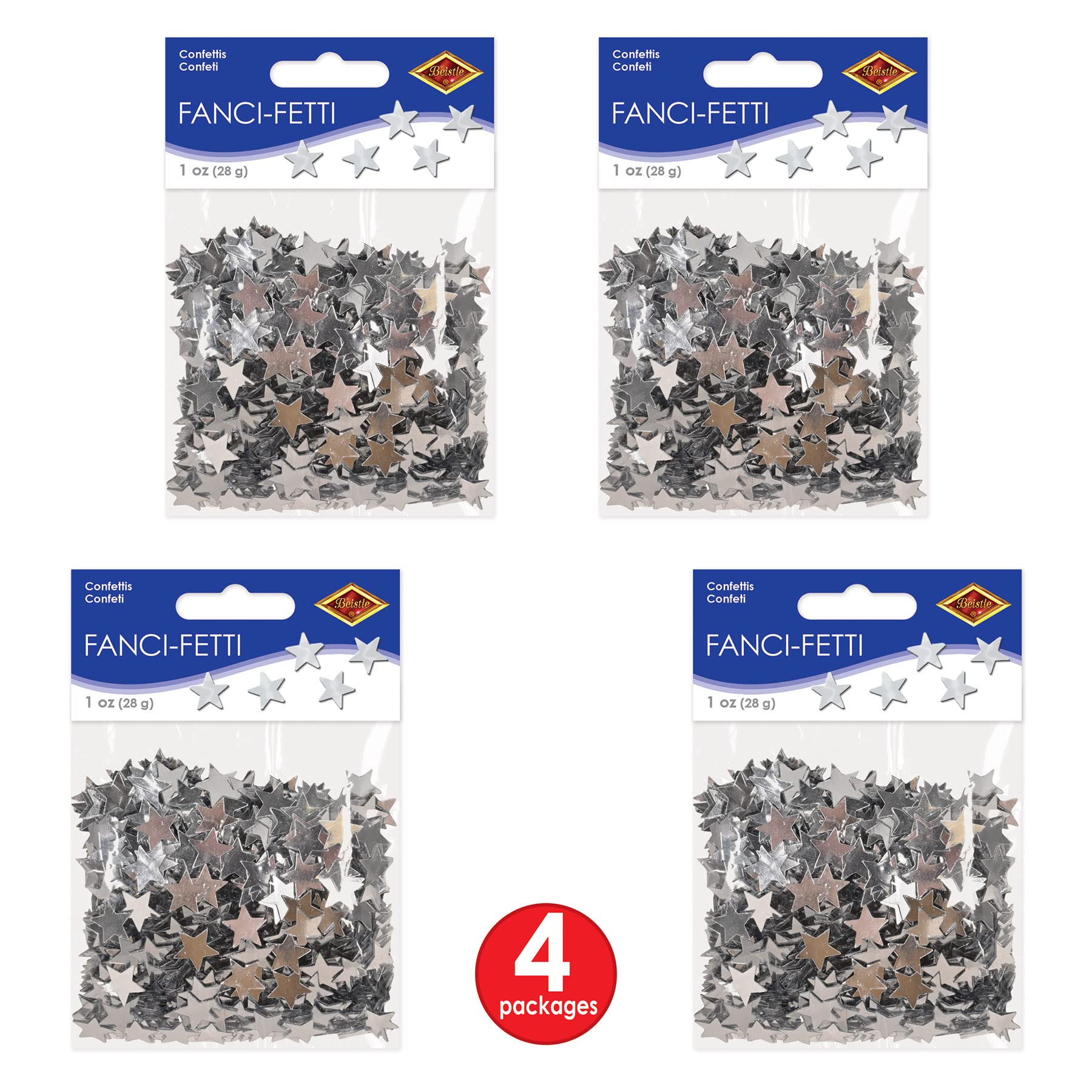 Beistle S50621SAZ4, 4 Packages Fanci Fetti Stars, 1 Ounce of Confetti in Package, Total of 4 Ounces of Confetti (Silver)
