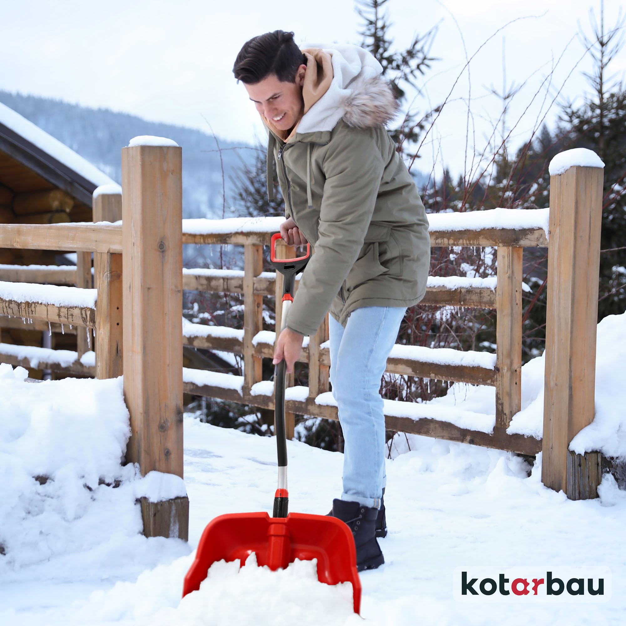 KOTARBAU® Pala da neve in plastica, 40 x 50 cm, con manico ergonomico, 144 cm, colore rosso, con attacco in alluminio, per la neve
