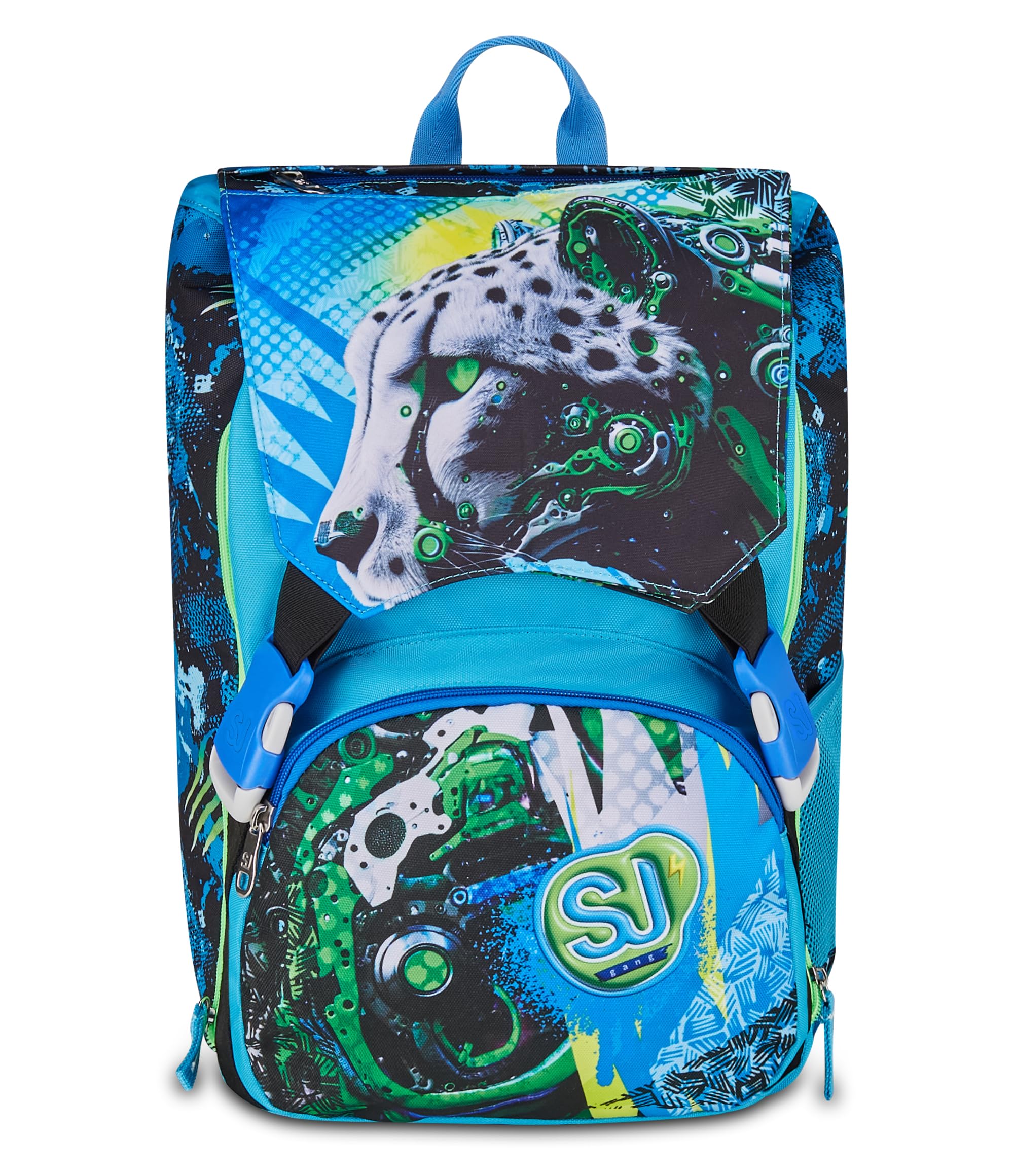 SJ GANG STYLE JAM GANG Zaino Estensibile, Volume Regolabile, Doppio Scomparto, Tasca Porta Borraccia, Scuola e Tempo Libero, Turchese Fluo, Bambini, blu