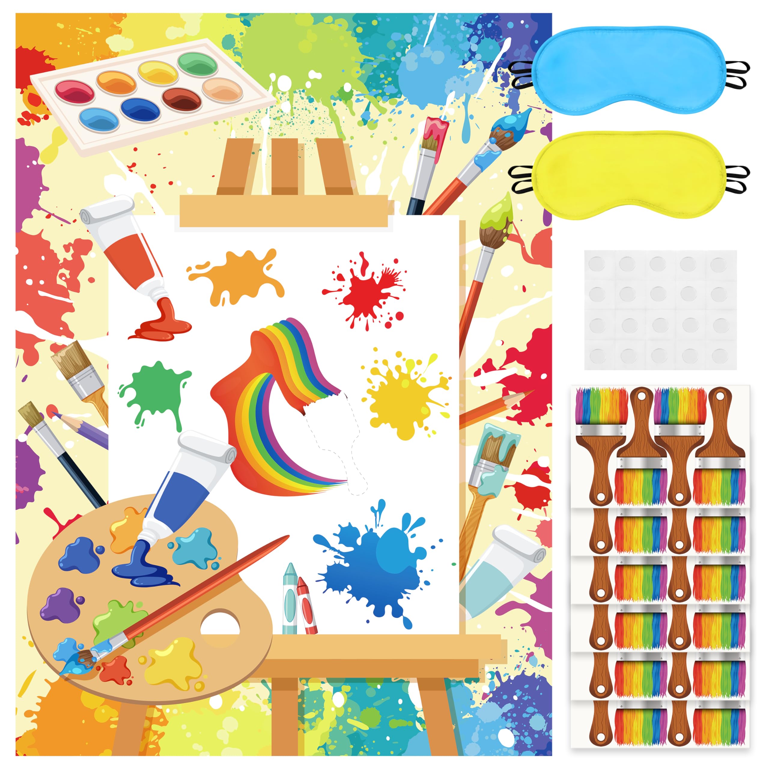 EmmgHen Pin The Paint Brush On The Canvas Boards Party Game Colorful Art Painting Palette Themed Poster with 24Pcs Stickers Fun Entertaining Activity Birthday Party Decorations Supplies Wall Decor