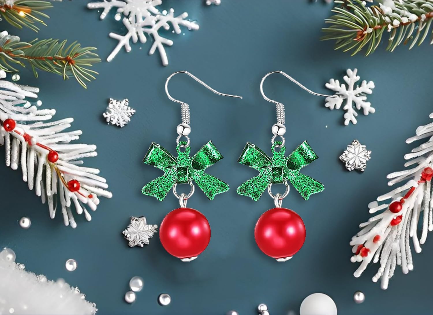 Christmas Earrings for Women, Ribbon Bow Festive Red Green Ball Dangle Drop Earrings for Women Bowknot Fish Hook Dangling Hypoallergenic Christmas Festival Jewelry Gifts - Image 7