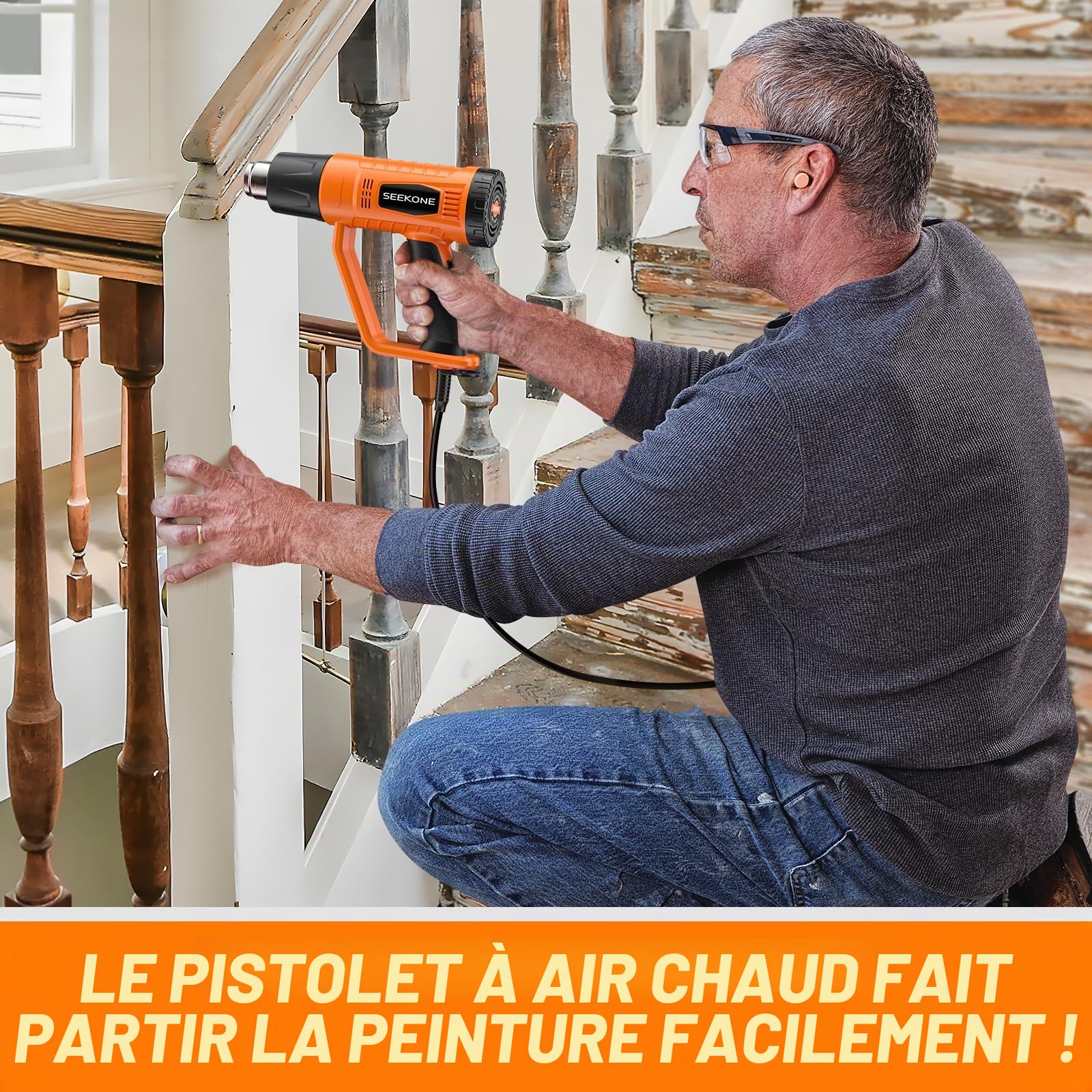 Décapeur Thermique, SEEKONE 2000W 400℃ & 600℃ Réglages Double Température Pistolet Thermique avec 4 Buses, Protection de Surcharge, Manche Antidérapant, Idéal pour Retrait Thermiquement