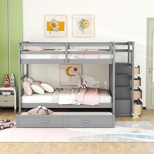 Miniatura 74 de Litera individual sobre matrimonial con cajones, escalera deslizante y almacenamiento, litera de madera con barandilla alta y escalera para niños,