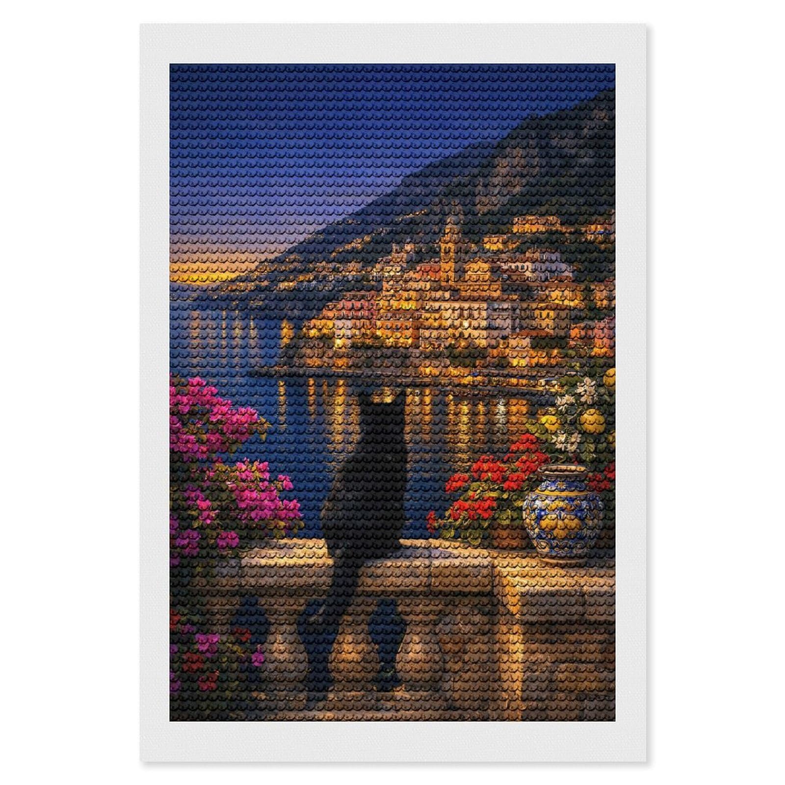 Junmoney Black Cat Overlooking Amalfi Coastal Town Diamond Painting Canvas Set 8"x12", for Women, Mindful Craft Activity, Cosy Home Accent, Festive Craft Gift