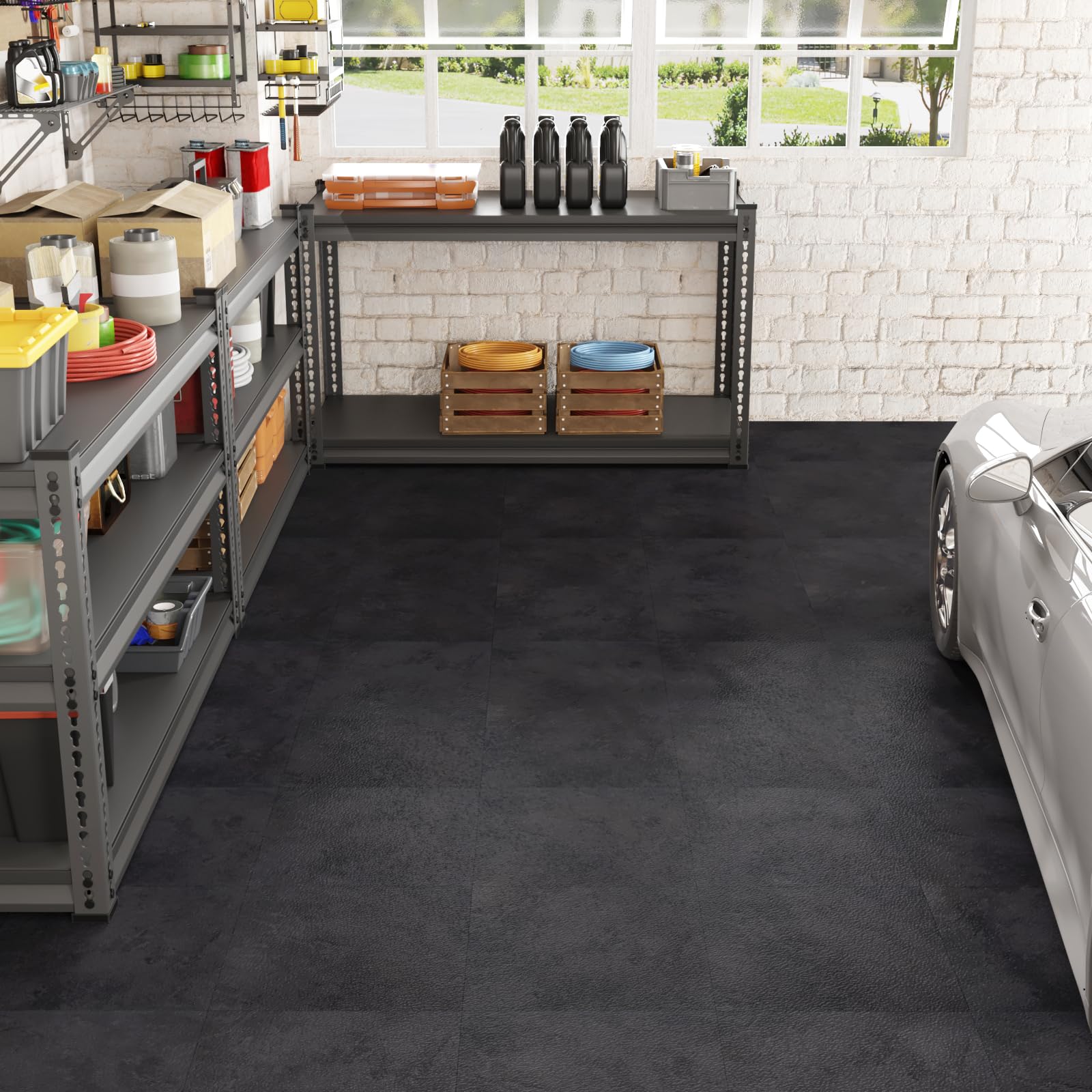 VEELIKE Dalle PVC Adhesive Sol Beton Noir 12 Pièces Carrelage Adhesif Sol Ciment Noir Dalle Garage Carreaux Adhesif Cuisine Salle de Bain Imperméable Amovible Buanderie Chambre 1.5mm 30 cm ×30 cm