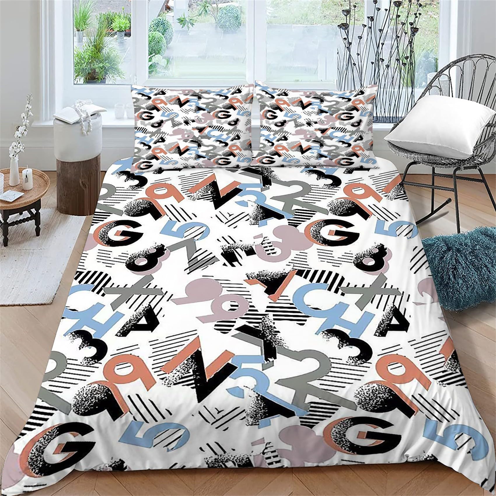 Copripiumino Matrimoniale 240x220 Numeri Geometrici Lettera Biancheria da Letto Morbido Microfibra Copri Piumone e 2 Federe Abbinate, con Zip, Ipoallergenico HR161
