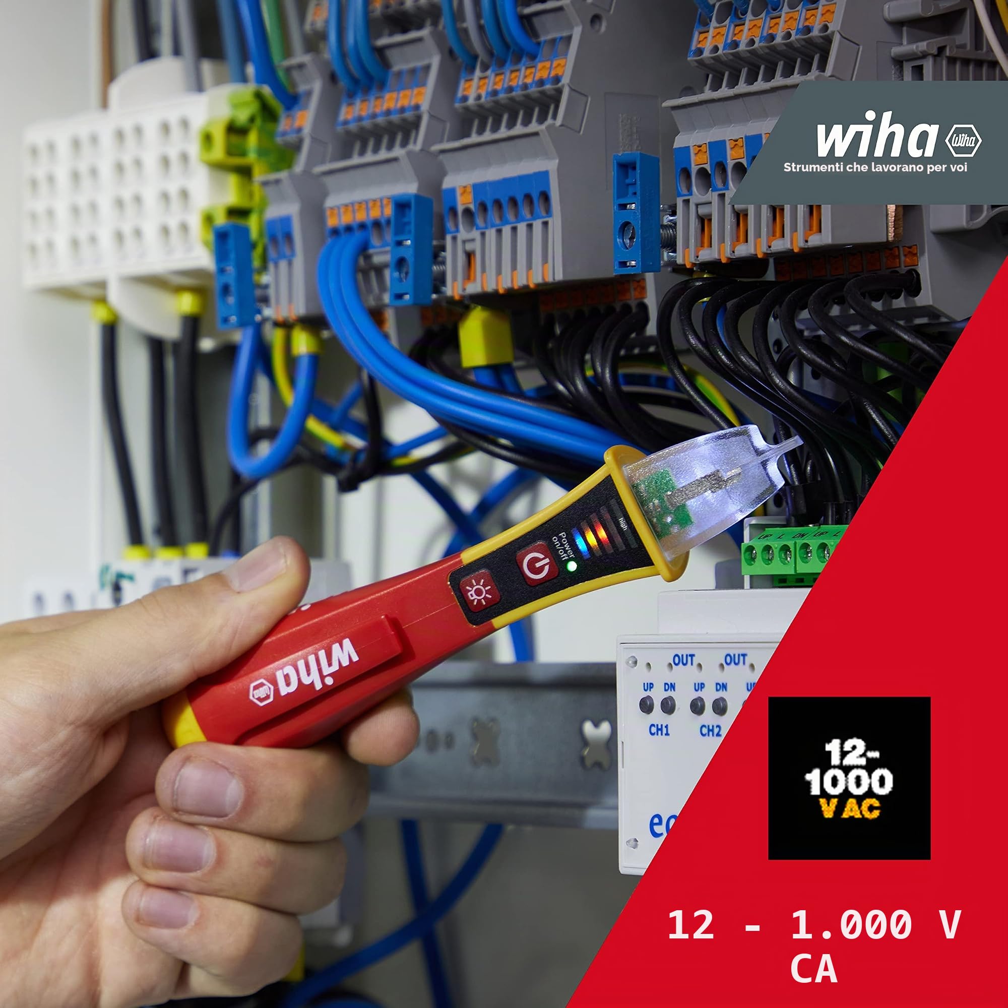 Wiha Comprobador de tensión con detector de voltaje sin contacto, unipolar, 12 – 1.000 V CA incl. 2 pilas AAA (43797) | (43797) Con display LED e torcia integrata incl. 2 batterie AAA I installazione elettrica I utensile per elettricisti